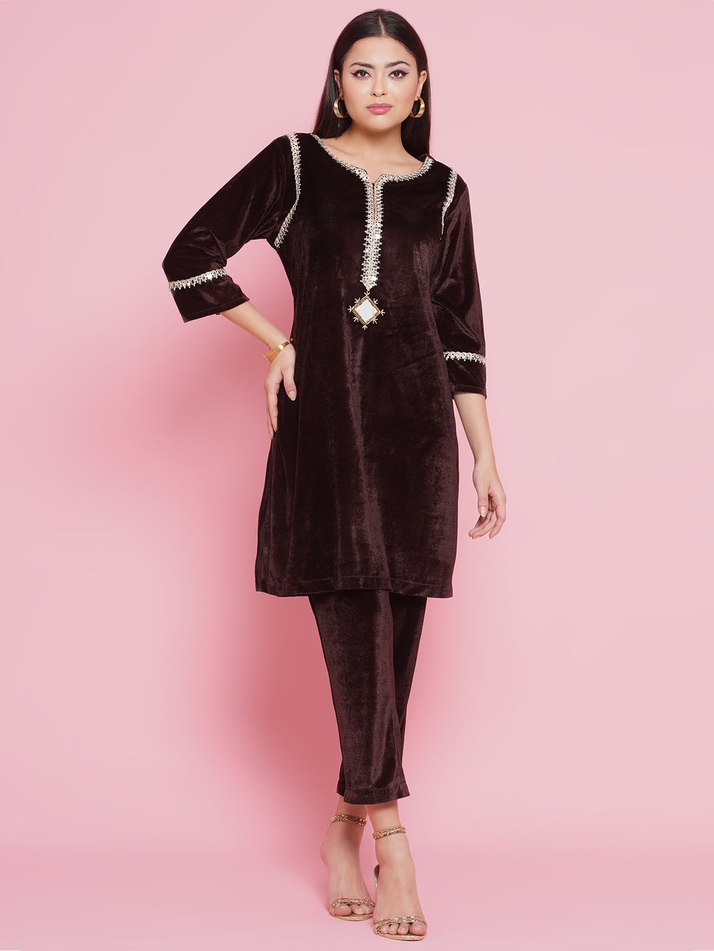 Women Brown Mirrior Work Velvet Coord Set