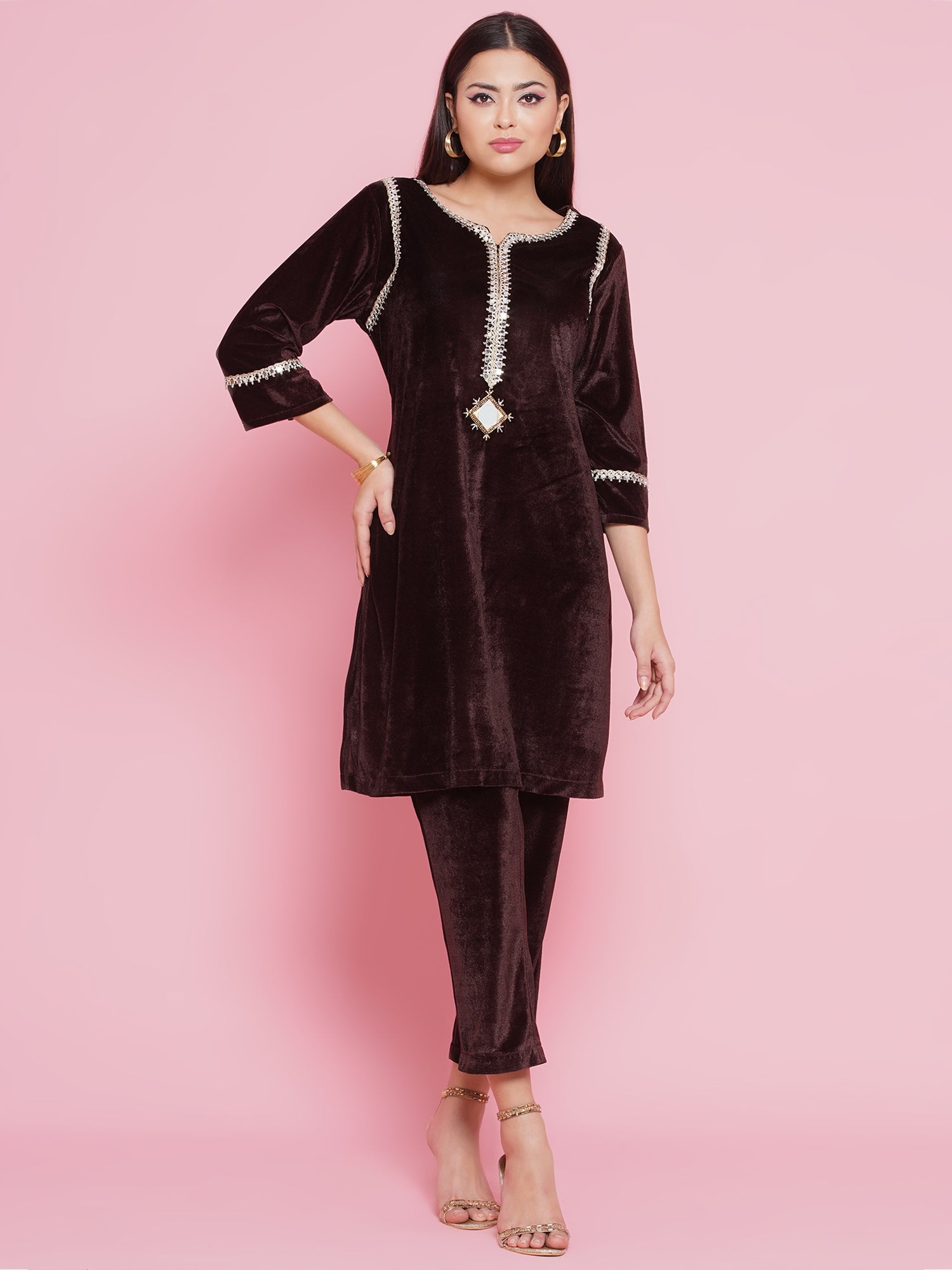 Women Brown Mirrior Work Velvet Coord Set