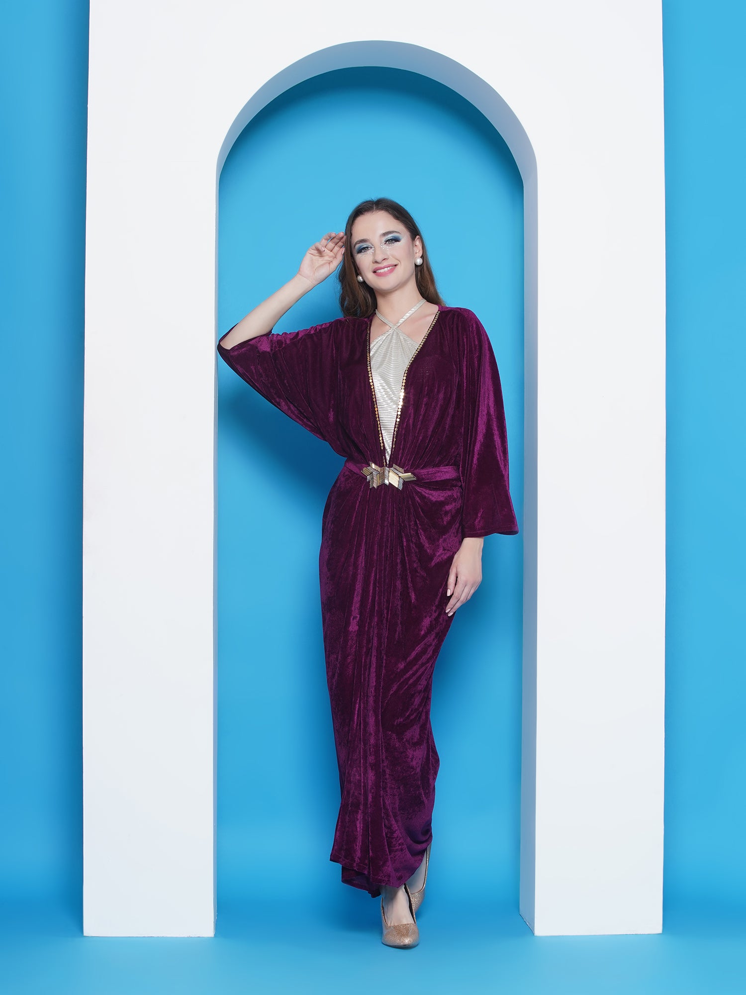 Women Wine Velvet Gown With Silver Halter Neck Ineer