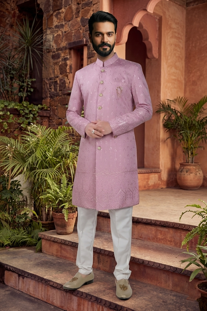 Men's SILK ONION PINK  SEMI-INDO-WESTERN