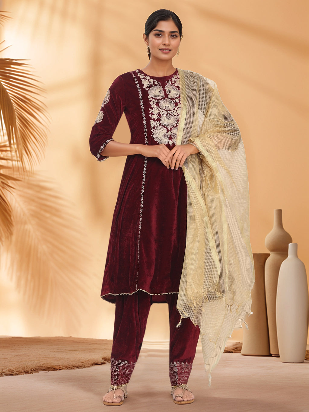 Women Maroon Velvet Salwar set