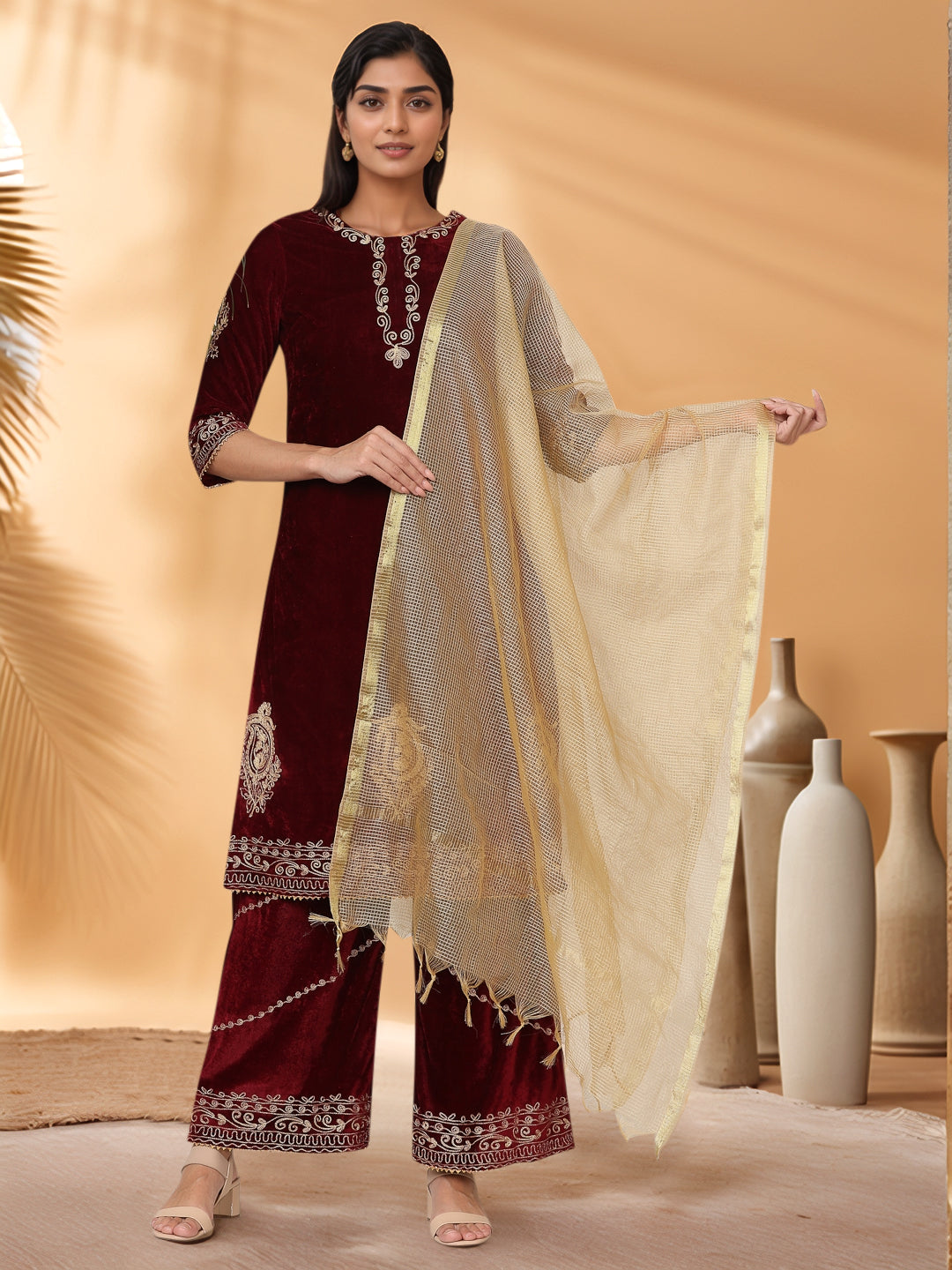 Women Maroon Velvet Palazzo set