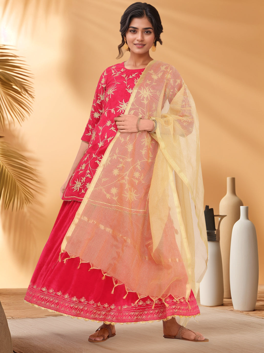 Women Pink Velvet Lehenga Set