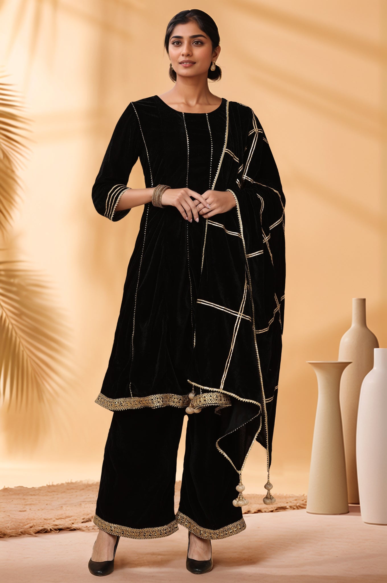 Women Black Velvet Kurta set