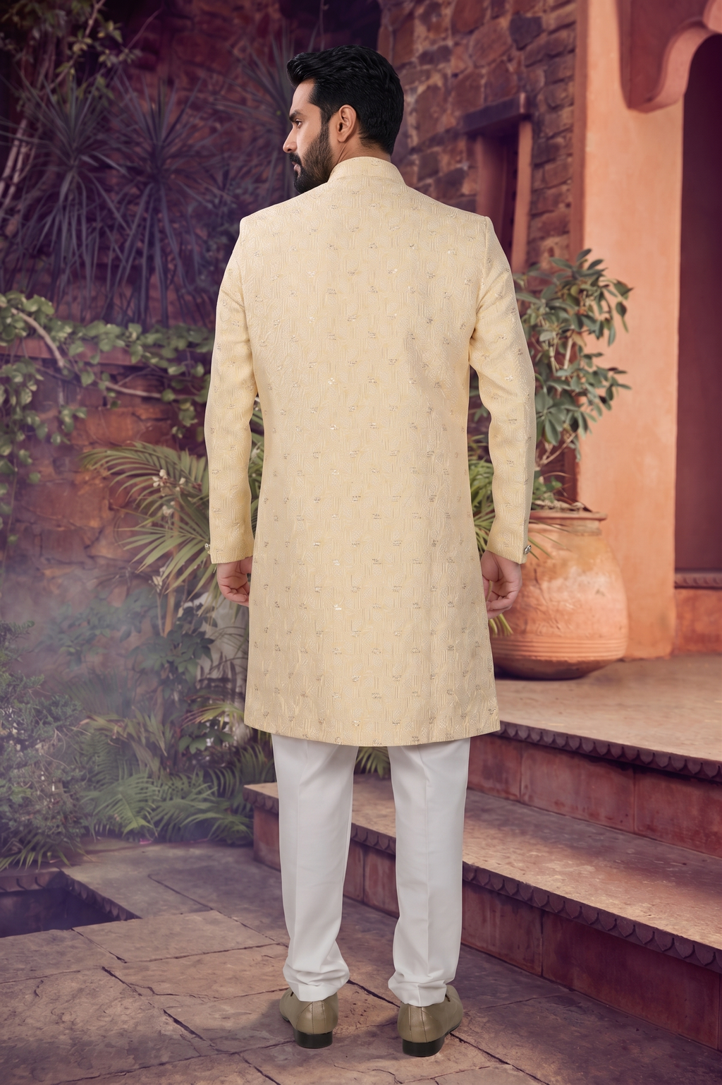 Men's WOVEN JACQUARD YELLOW  SEMI-INDO-WESTERN