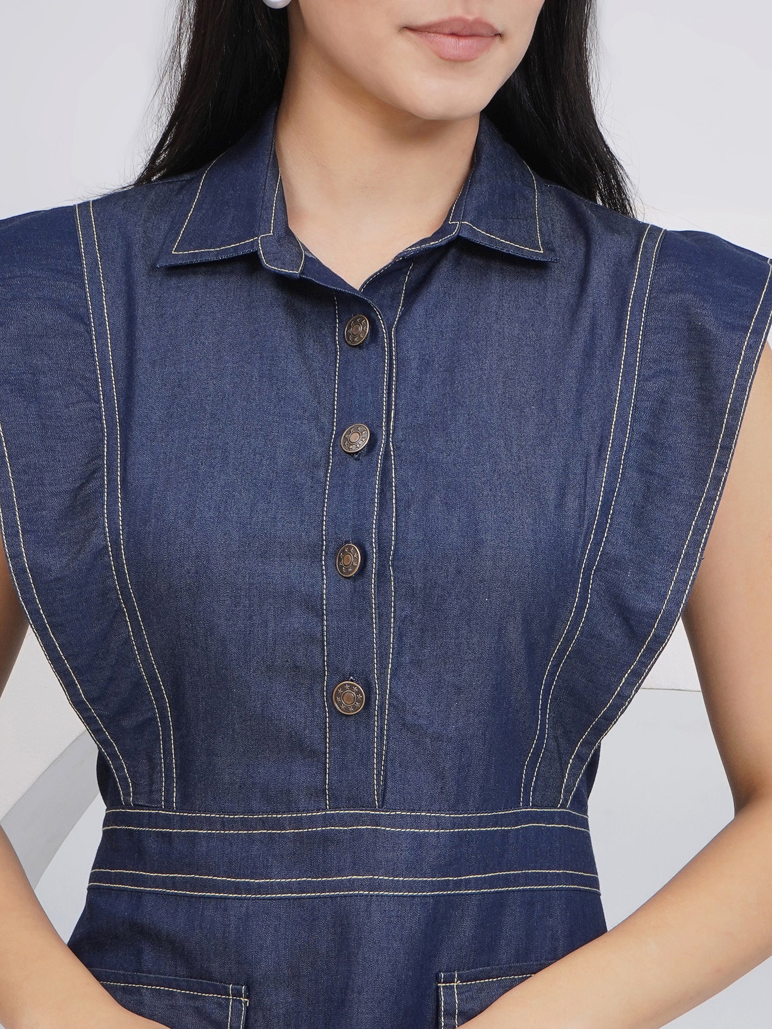 Ethnic Blue Denim Midi Party Wear Dress