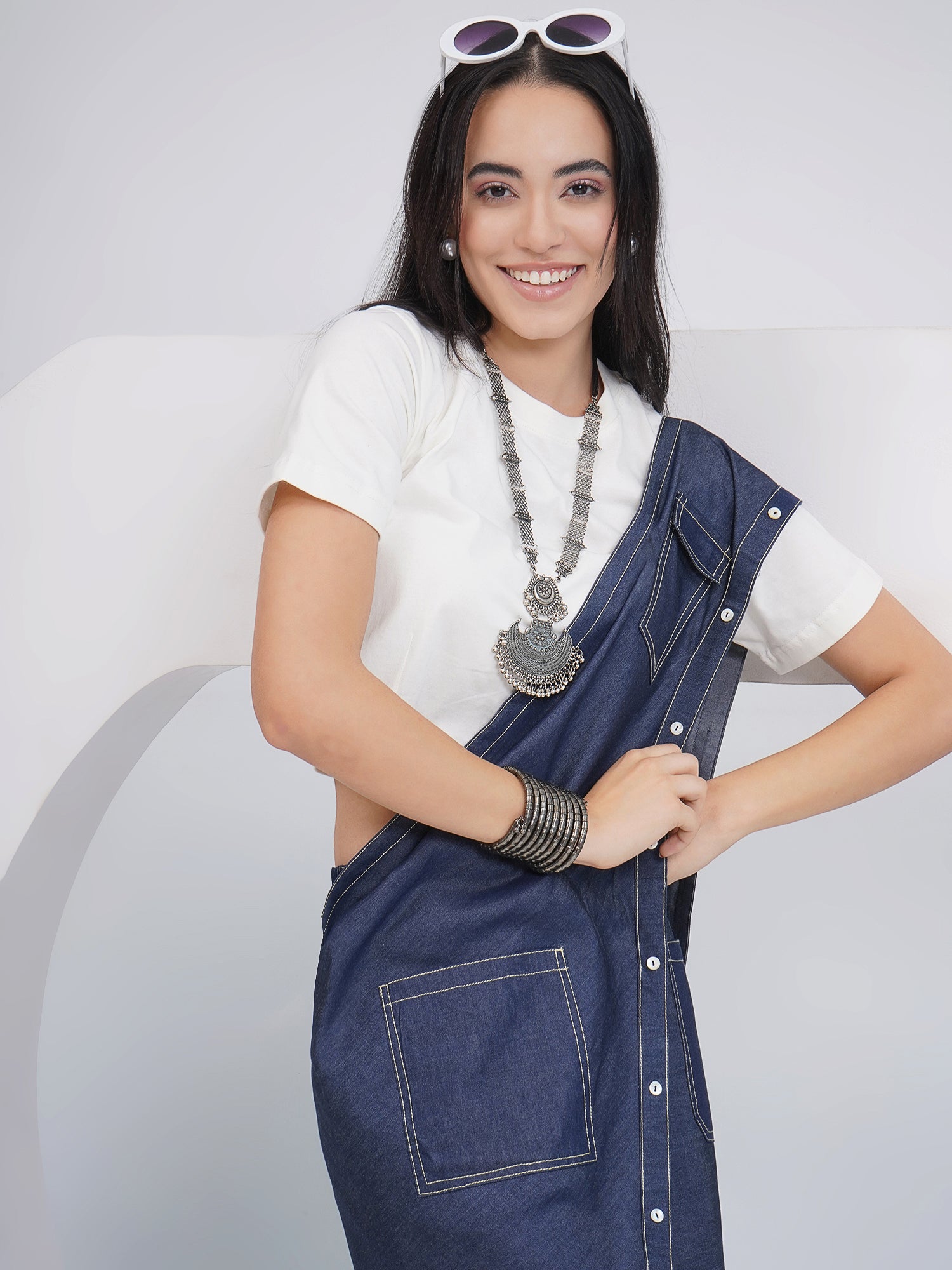Ethnic Off White Denim Skirt Drape with Top