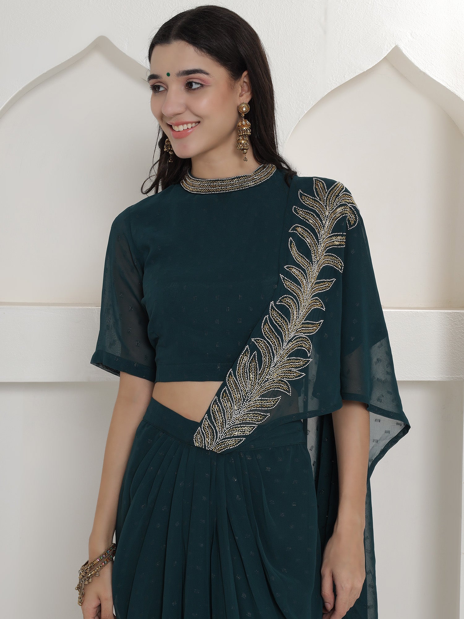 Green Georgette Drape Skirt Set