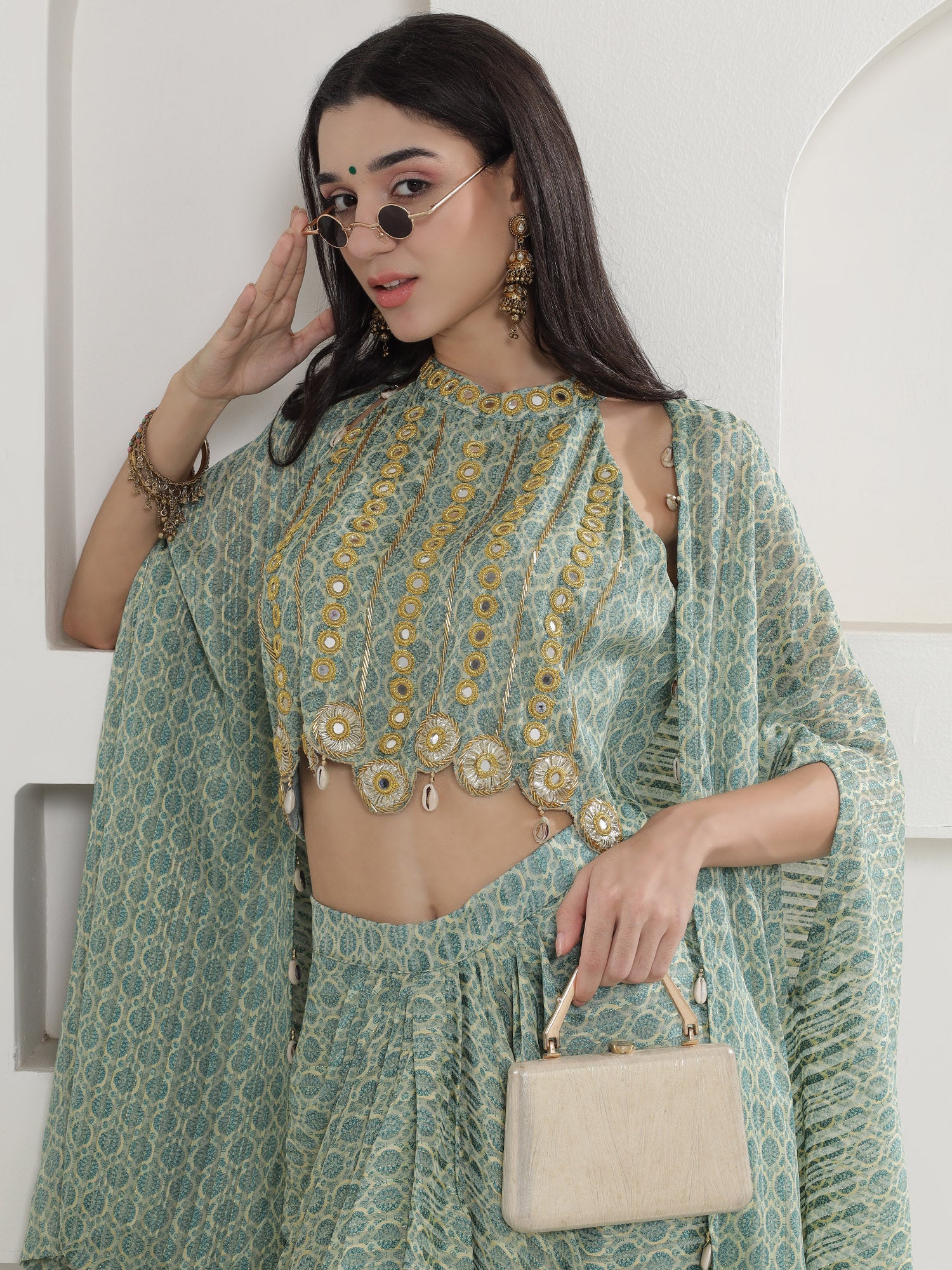 Green Georgette Cape inner and Shirt set