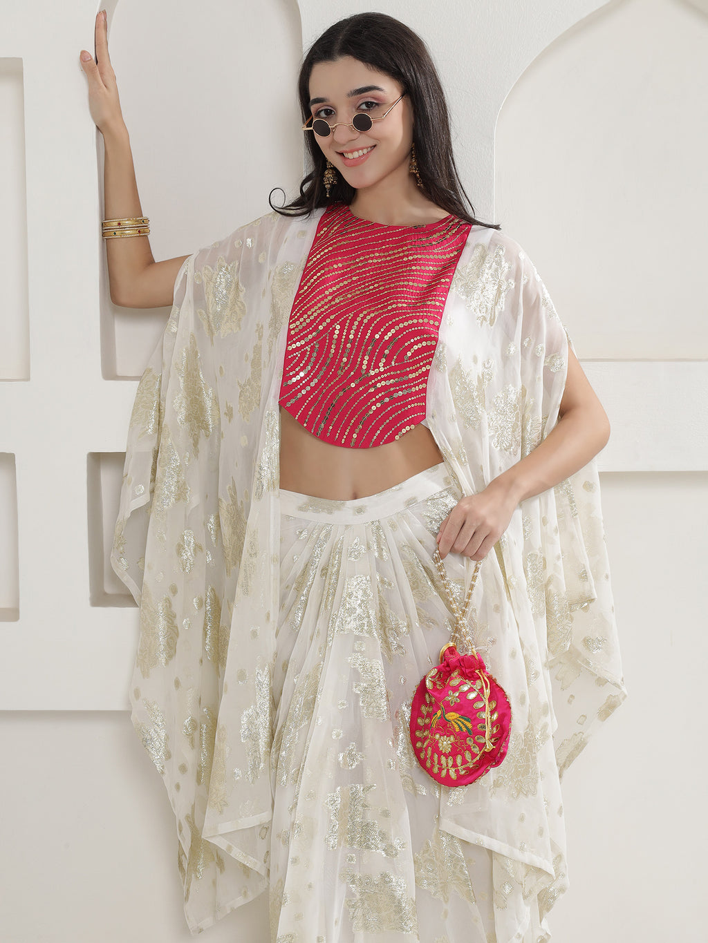 White & Pink Kaftan with Skirt