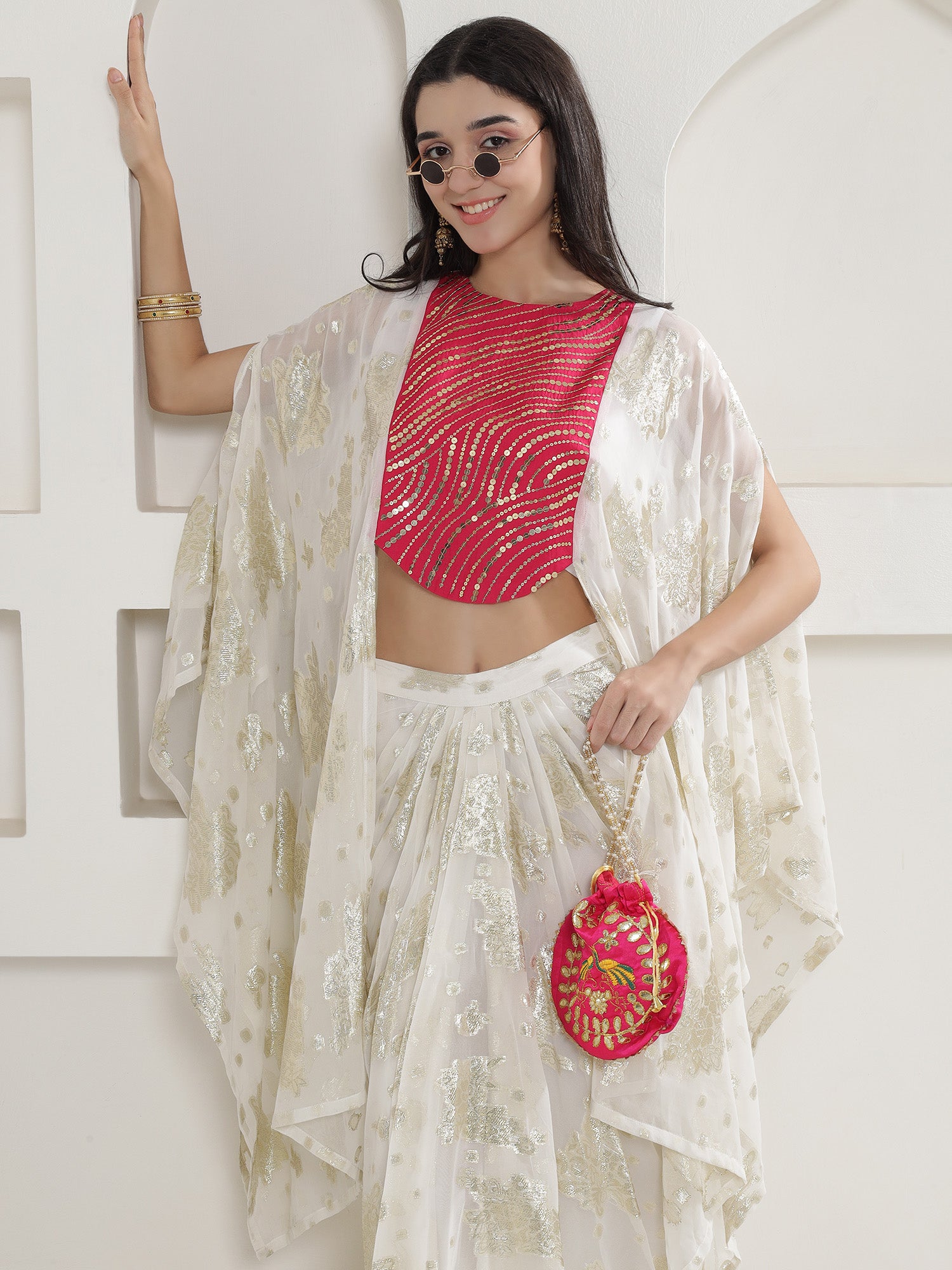 White & Pink Kaftan with Skirt