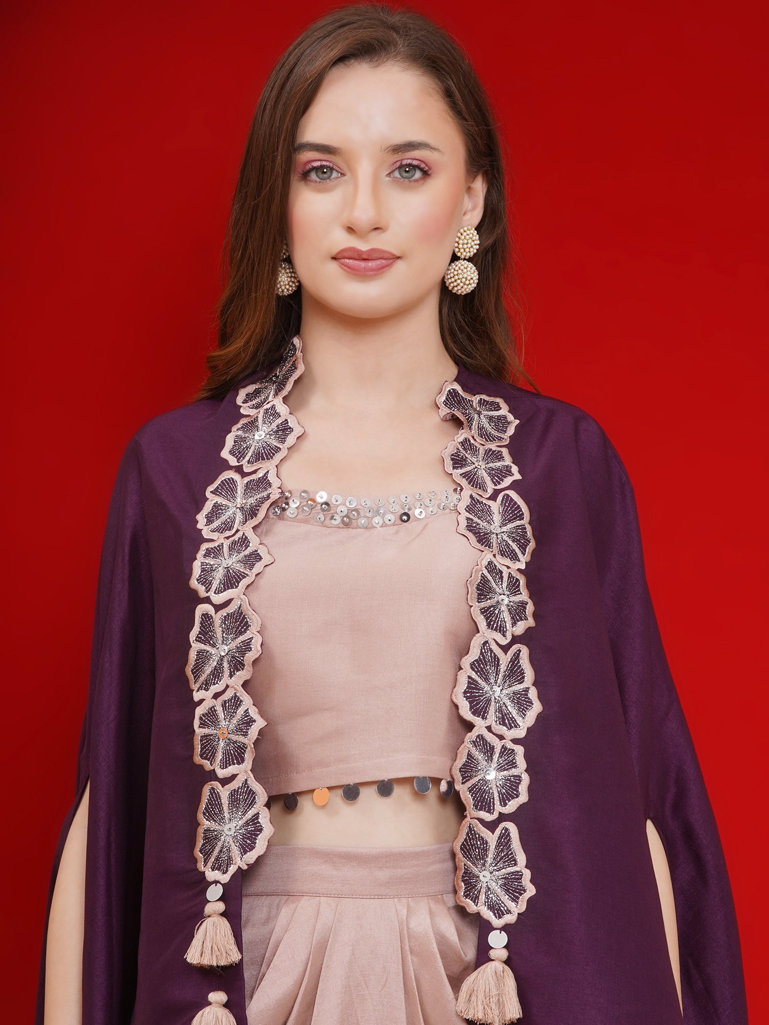 Women Purple and Rose Gold Skirt set with Cape