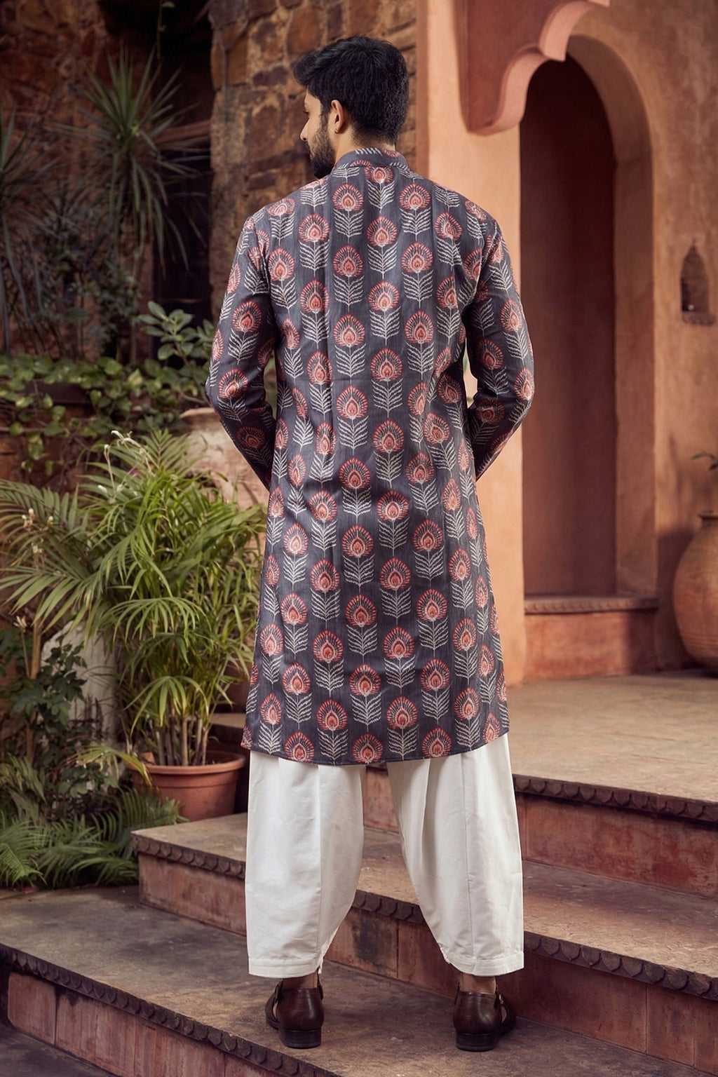 Men's Blended Cotton Cream Designer Printed Kurta with payjama