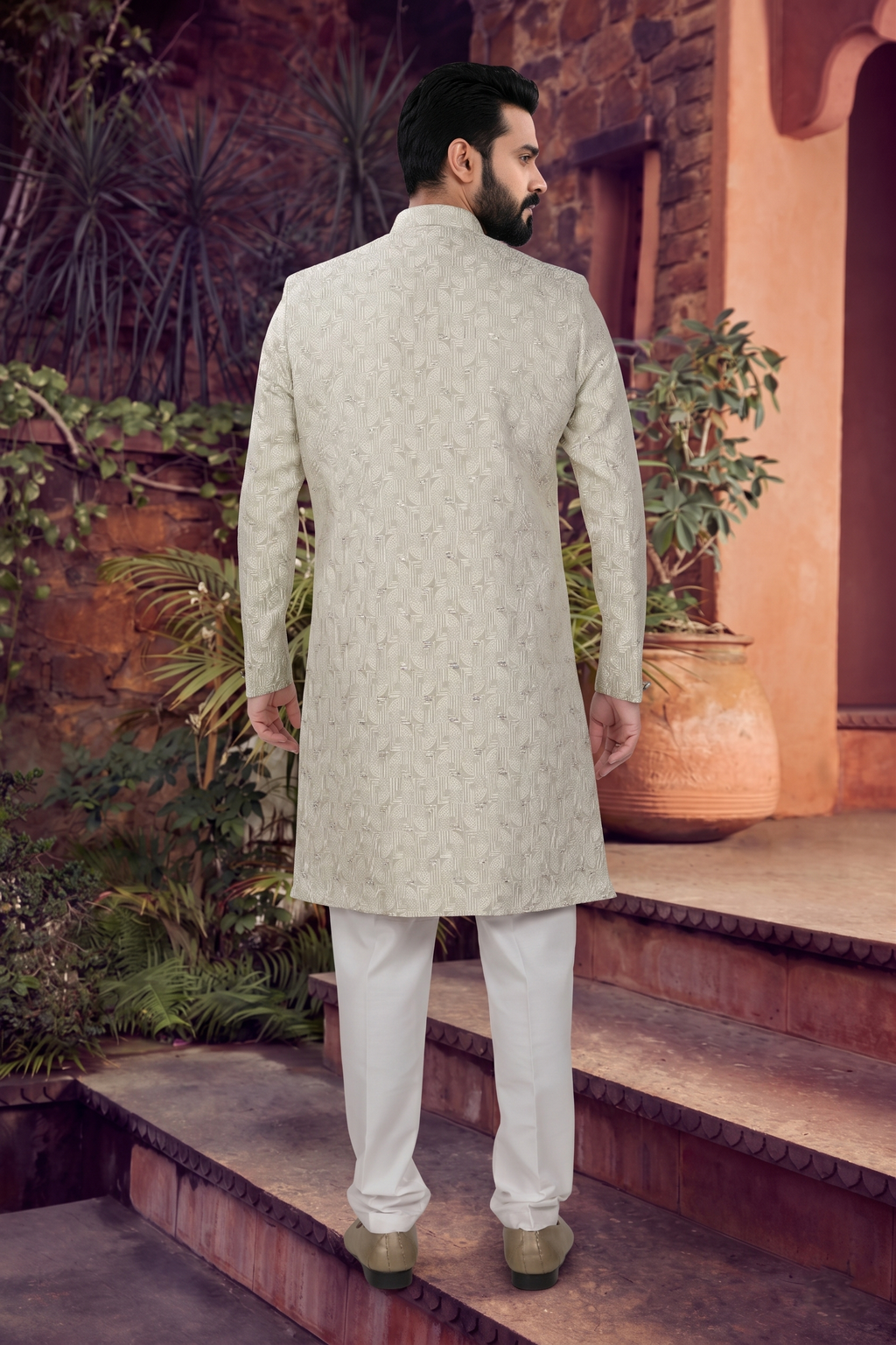 Men's WOVEN JACQUARD GREEN  SEMI-INDO-WESTERN