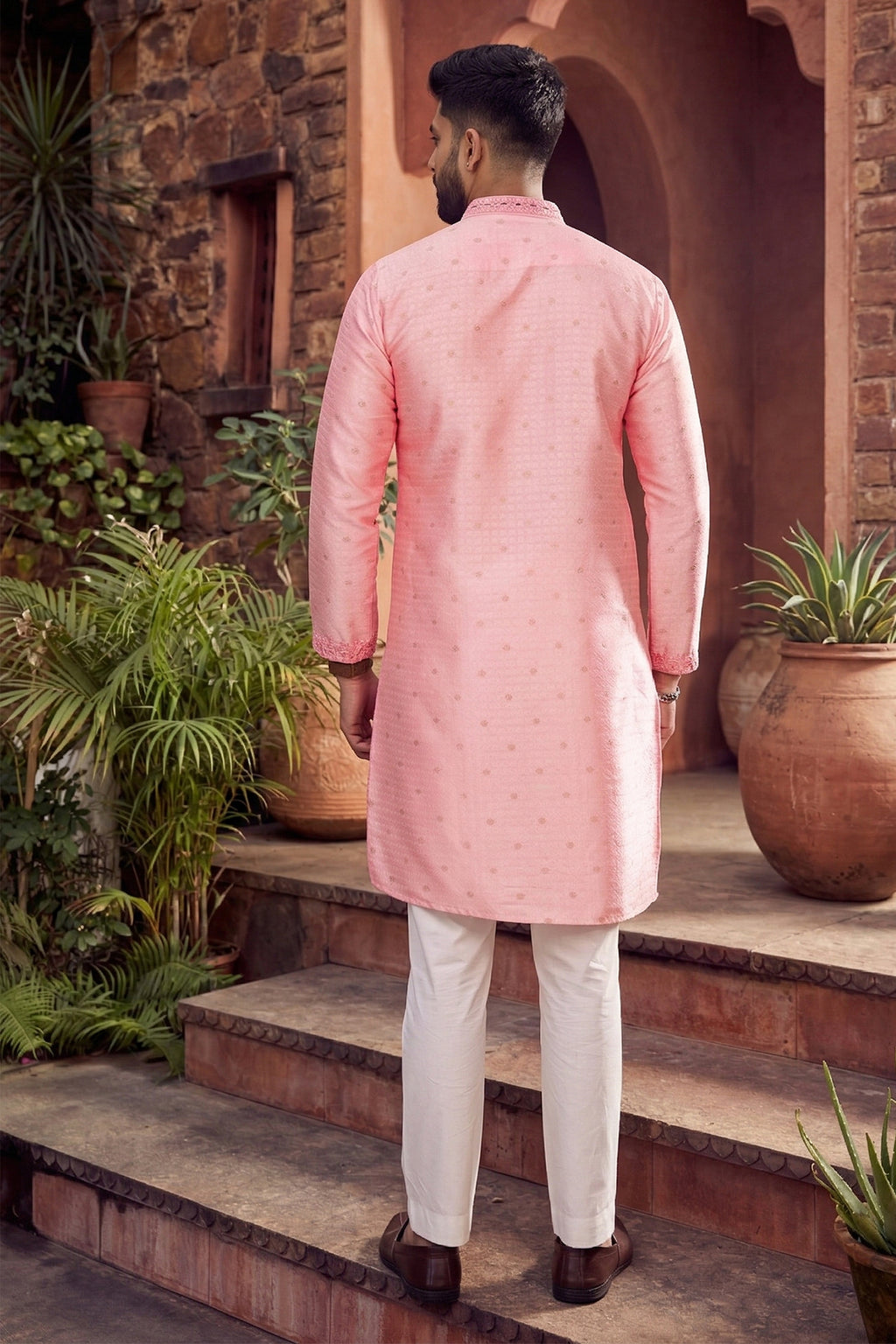 Men's Jacquard Silk Cream Designer Embroidery Work Kurta with payjama