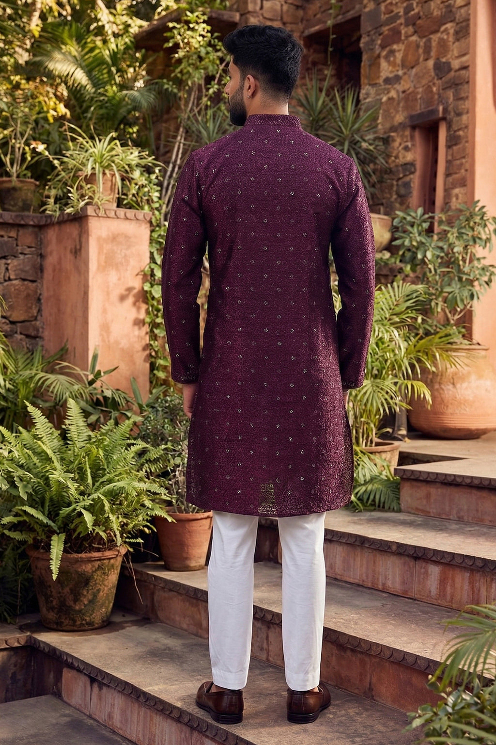 Men's Jacquard Silk Cream Designer Embroidery Work Kurta with payjama