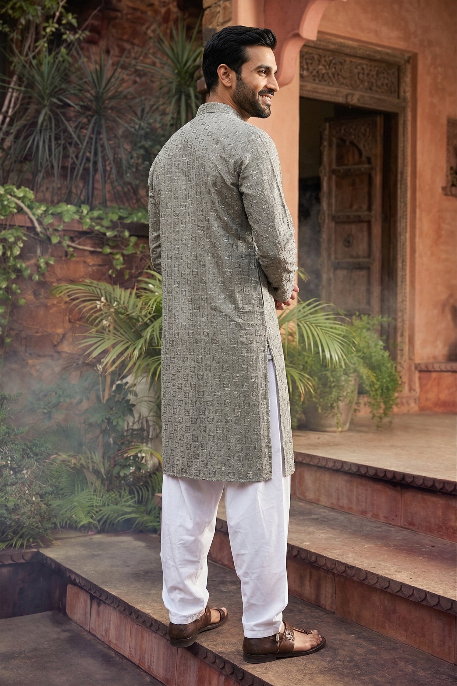 Men's Viscose Rayon Cream Designer Embroidery Work Kurta with payjama