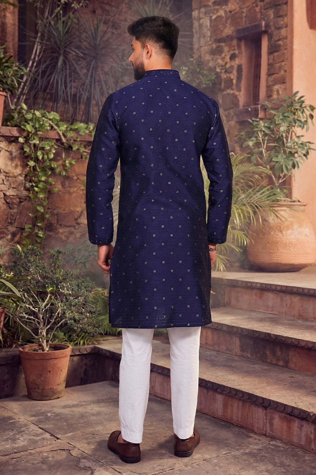 Men's Jacquard Silk Cream Designer Embroidery Work Kurta with payjama