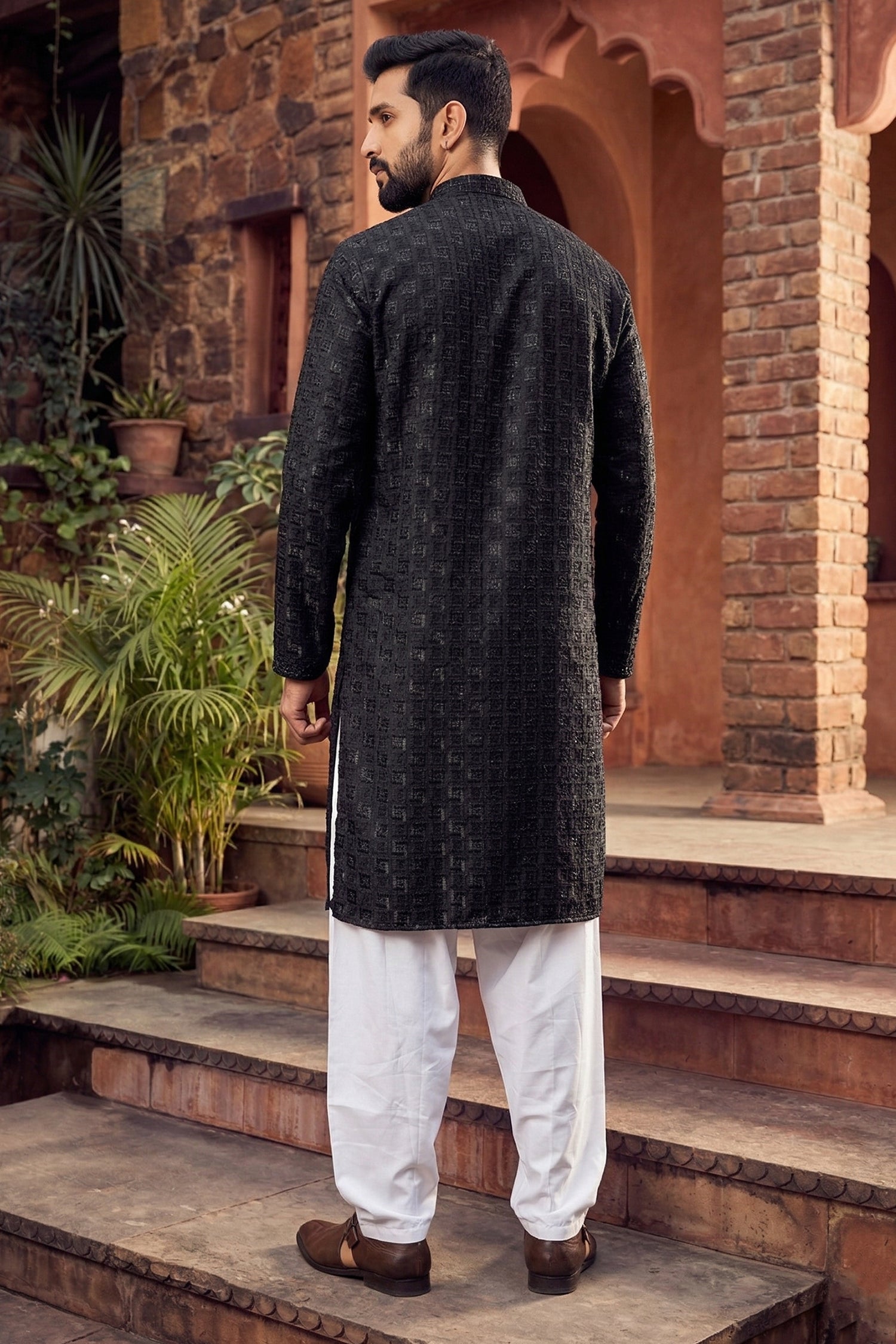 Men's Viscose Rayon Cream Designer Embroidery Work Kurta with payjama