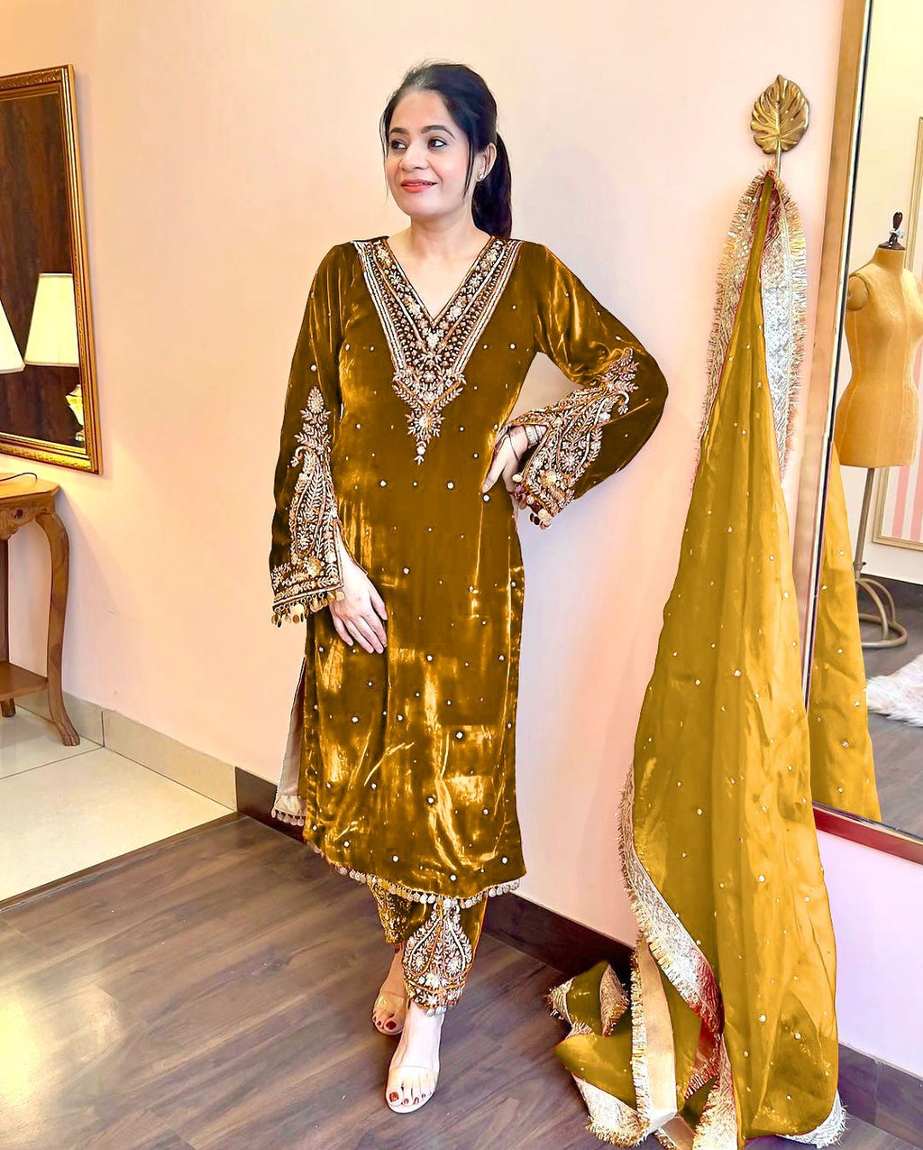 Mustard Velvet Kurta Set