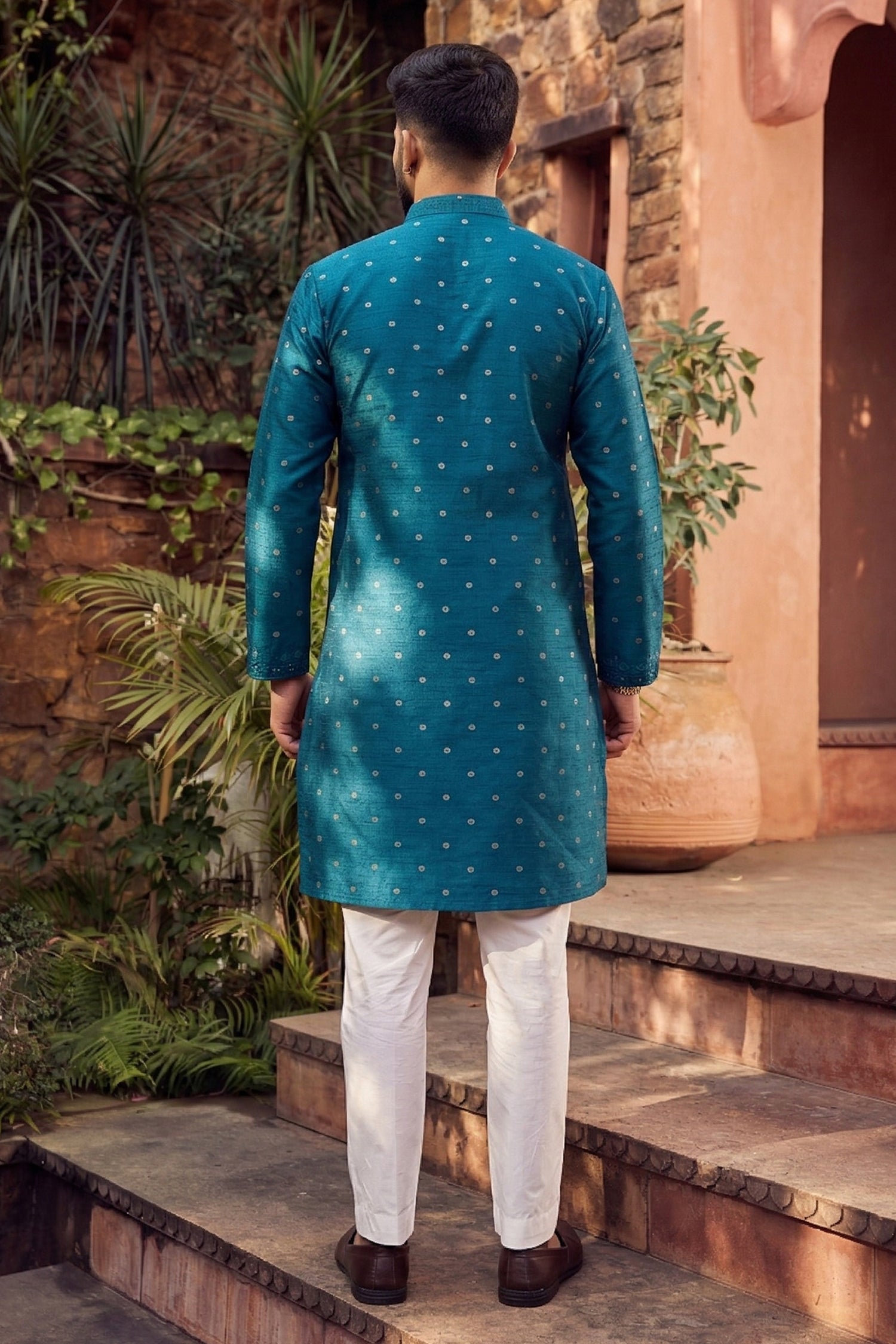 Men's Jacquard Silk Cream Designer Embroidery Work Kurta with payjama