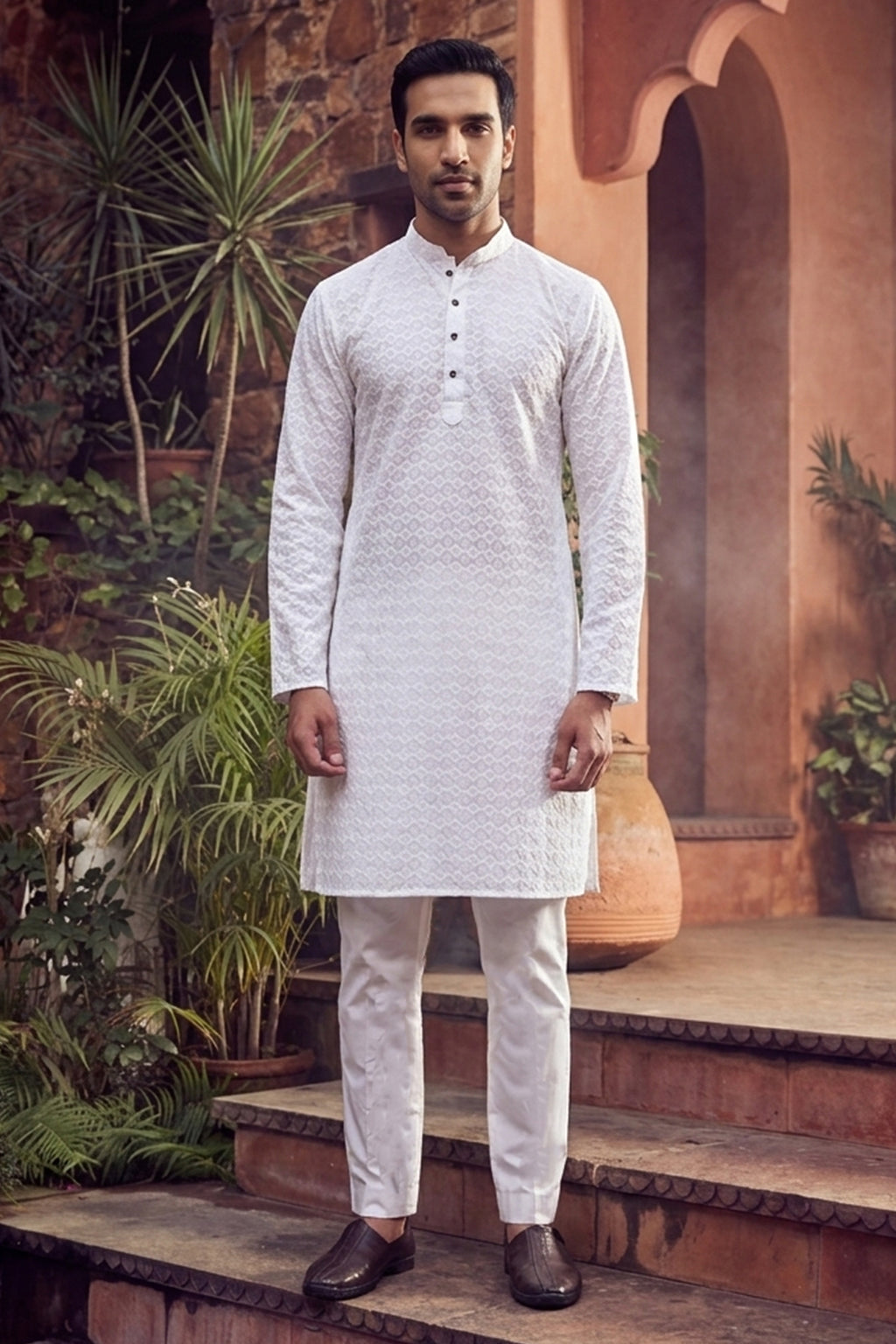 Men's Cotton Cream Designer Embroidery Work Kurta with payjama