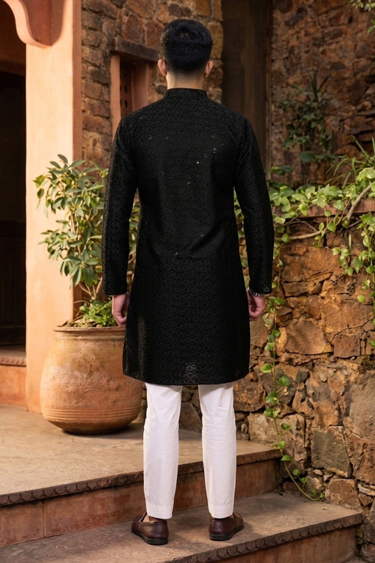 Men's Cotton Cream Designer Embroidery Work Kurta with payjama