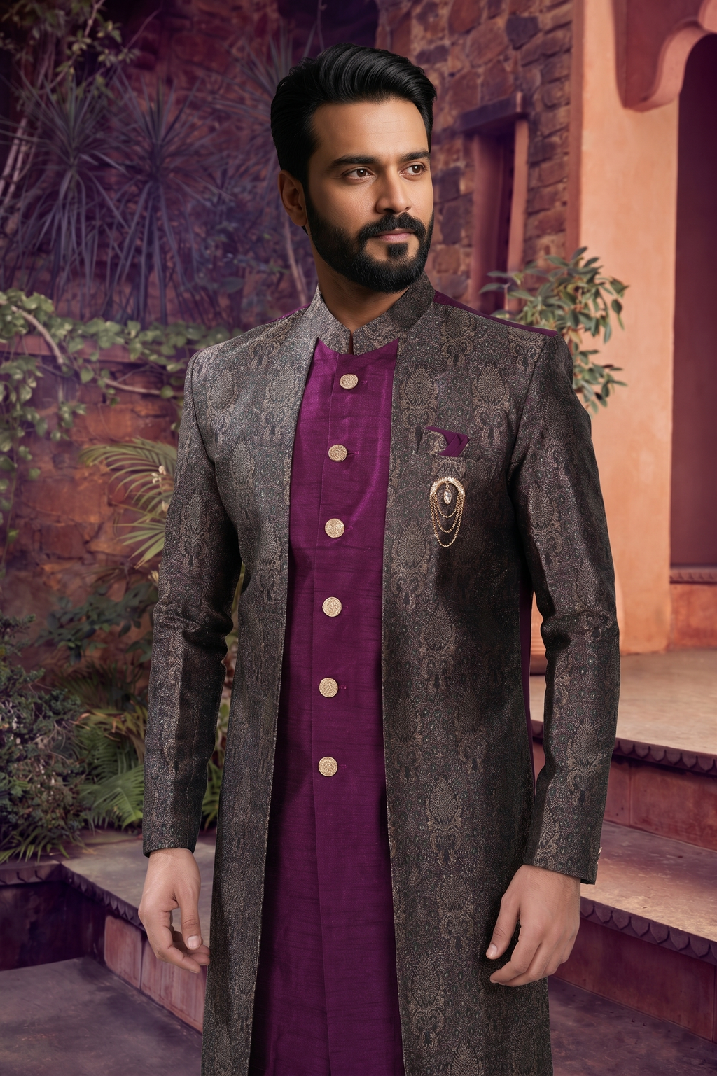 Men's SILK PURPLE  SEMI-INDO-WESTERN