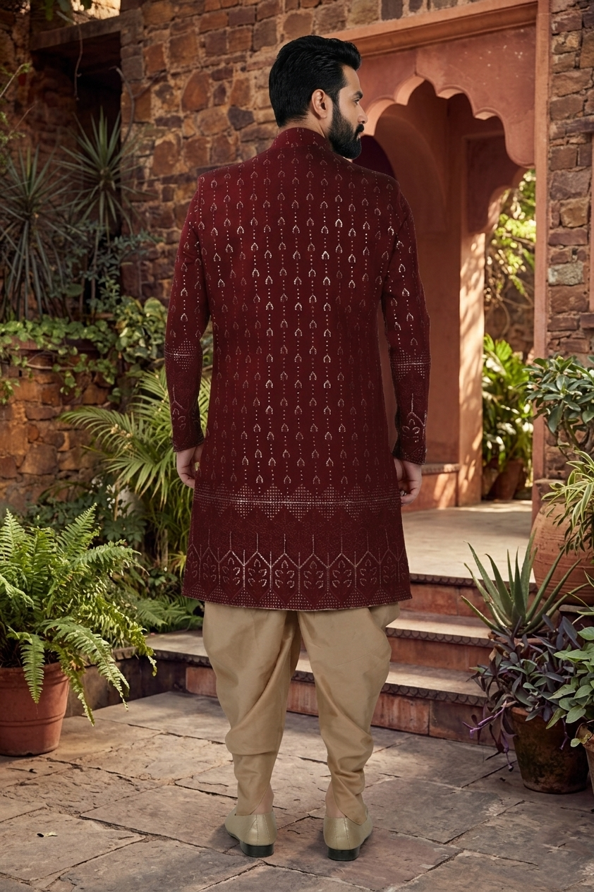Men's SILK MAROON  SEMI-INDO-WESTERN