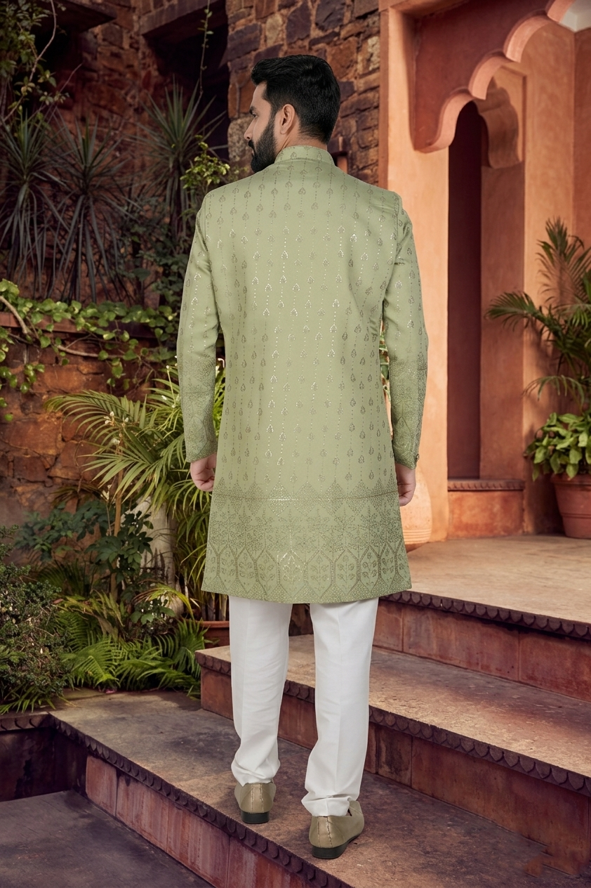 Men's SILK GREEN  SEMI-INDO-WESTERN