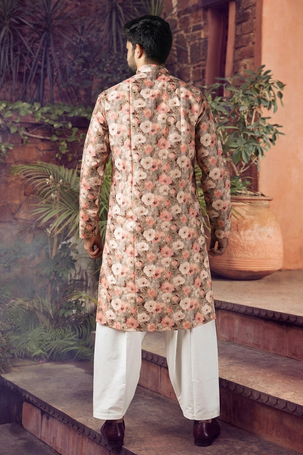 Men's Blended Cotton Cream Designer Printed Kurta with payjama