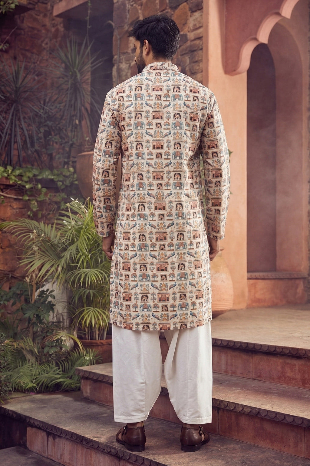 Men's Blended Cotton Cream Designer Printed Kurta with payjama