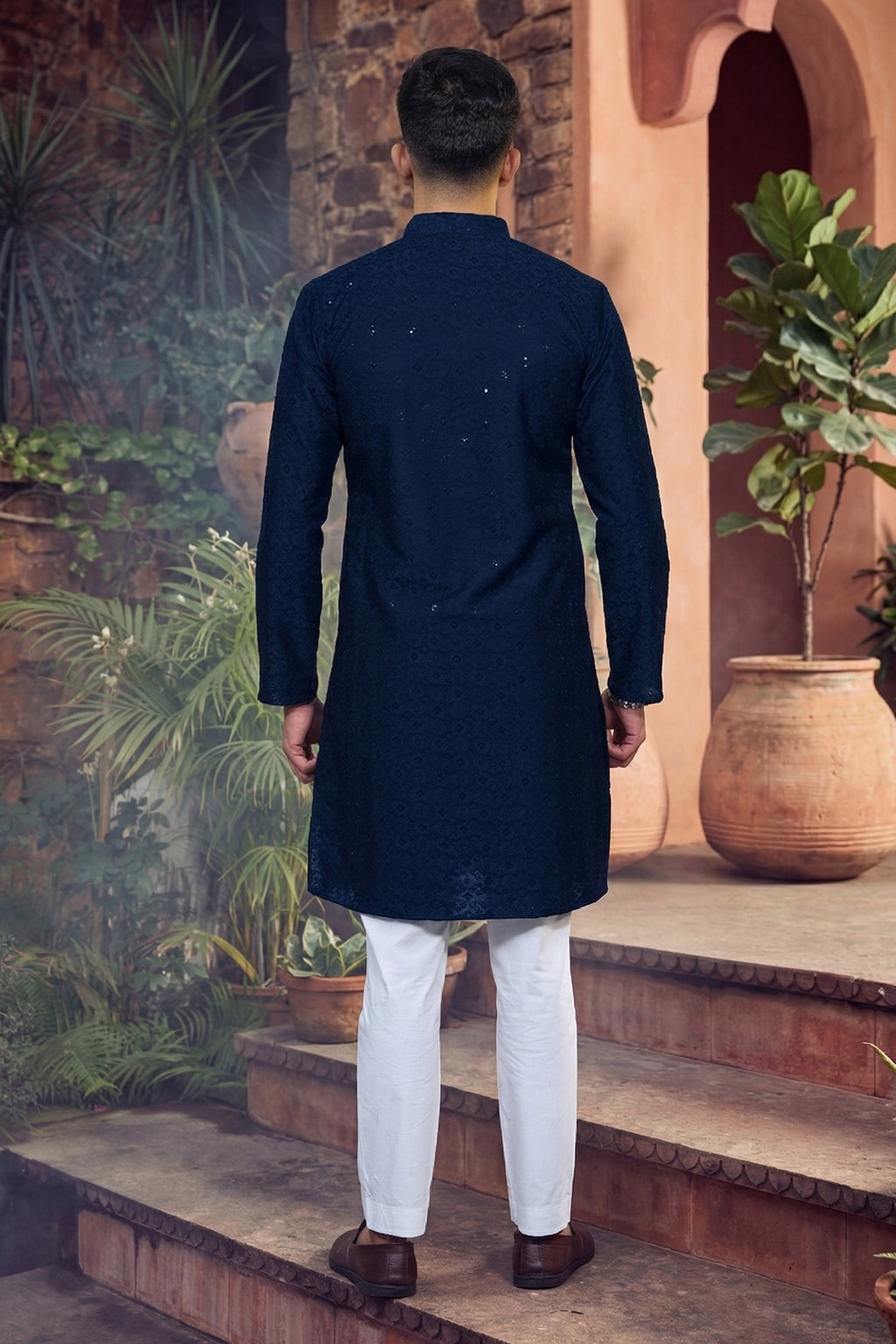 Men's Cotton Cream Designer Embroidery Work Kurta with payjama