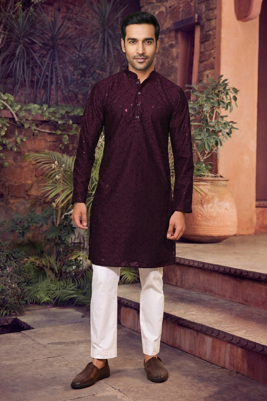 Men's Cotton Cream Designer Embroidery Work Kurta with payjama