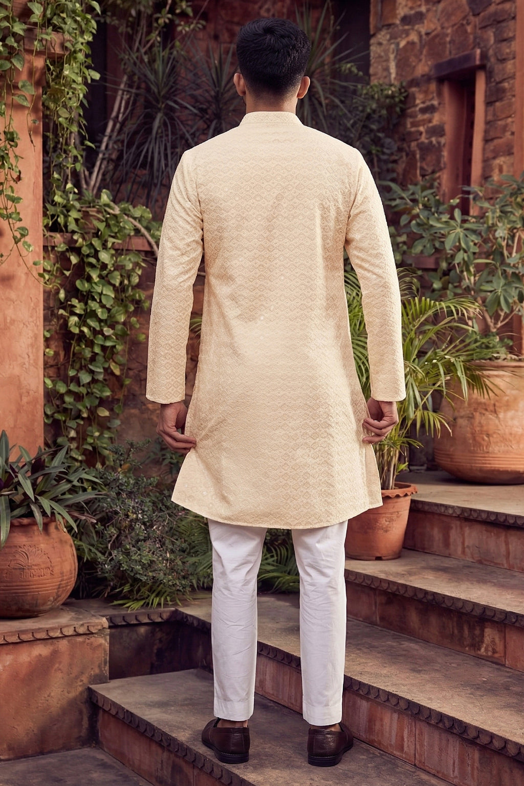 Men's Cotton Cream Designer Embroidery Work Kurta with payjama