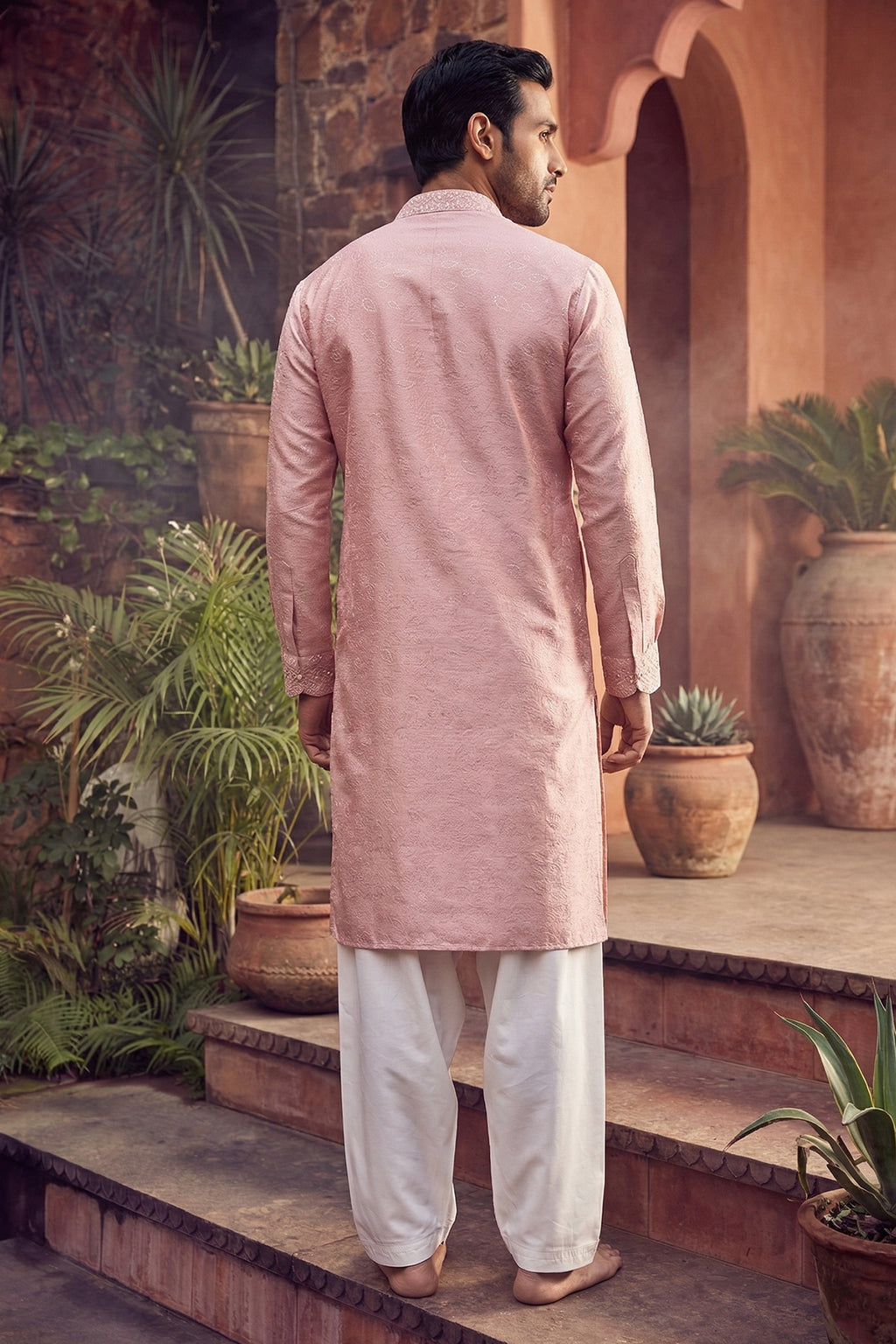 Men's Viscose Cream Woven, Embroidery Work Kurta with payjama