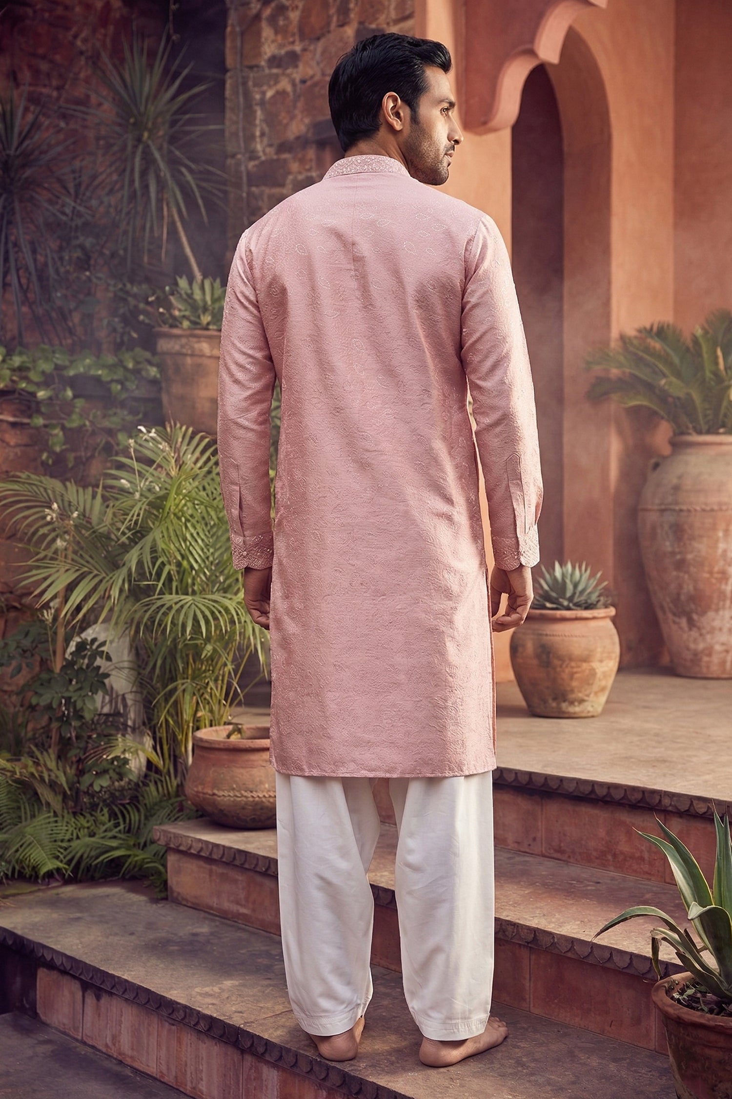 Men's Viscose Cream Woven, Embroidery Work Kurta with payjama