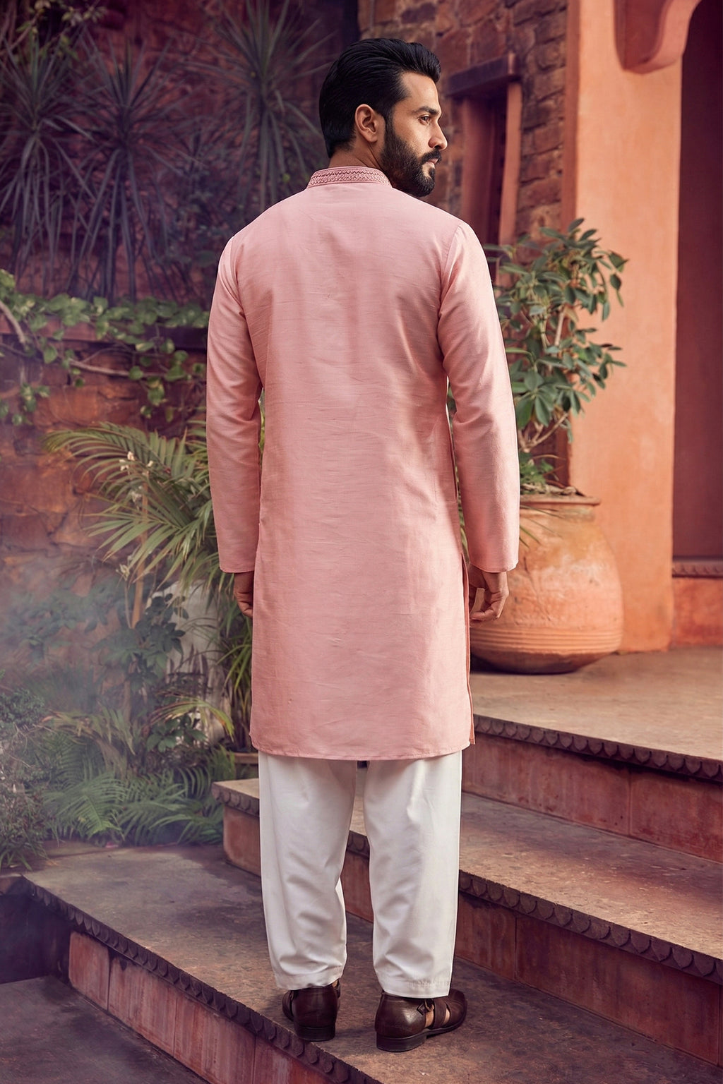 Men's Viscose Cream Woven, Embroidery Work Kurta with payjama