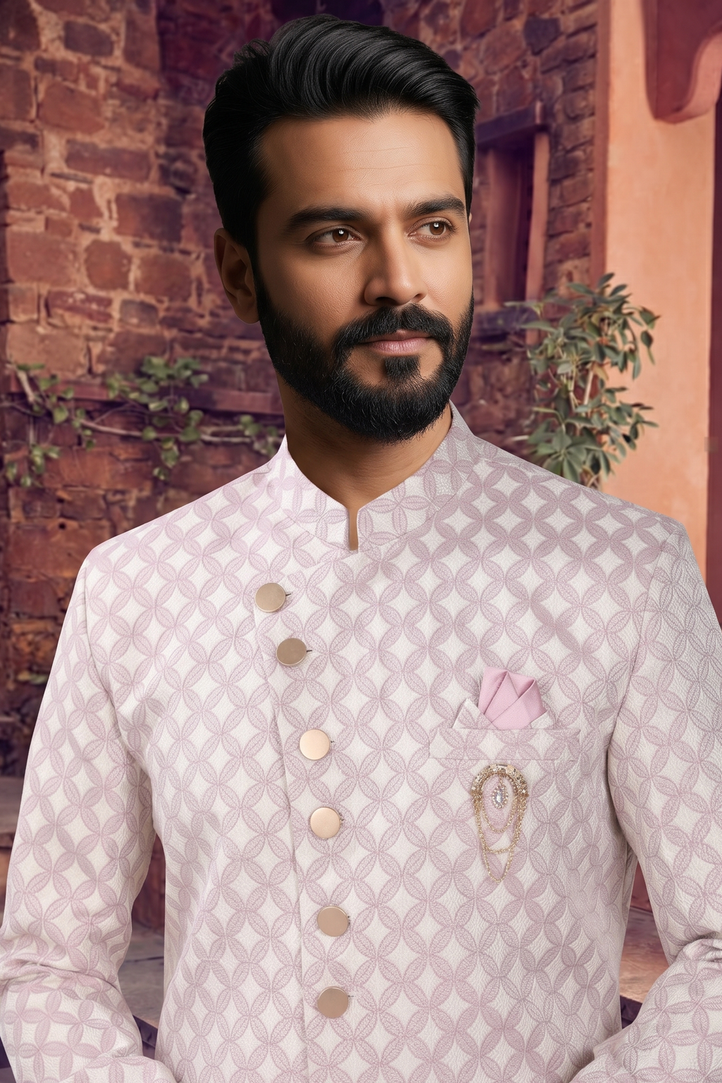 Men's WOVEN JACQUARD PINK  SEMI-INDO-WESTERN