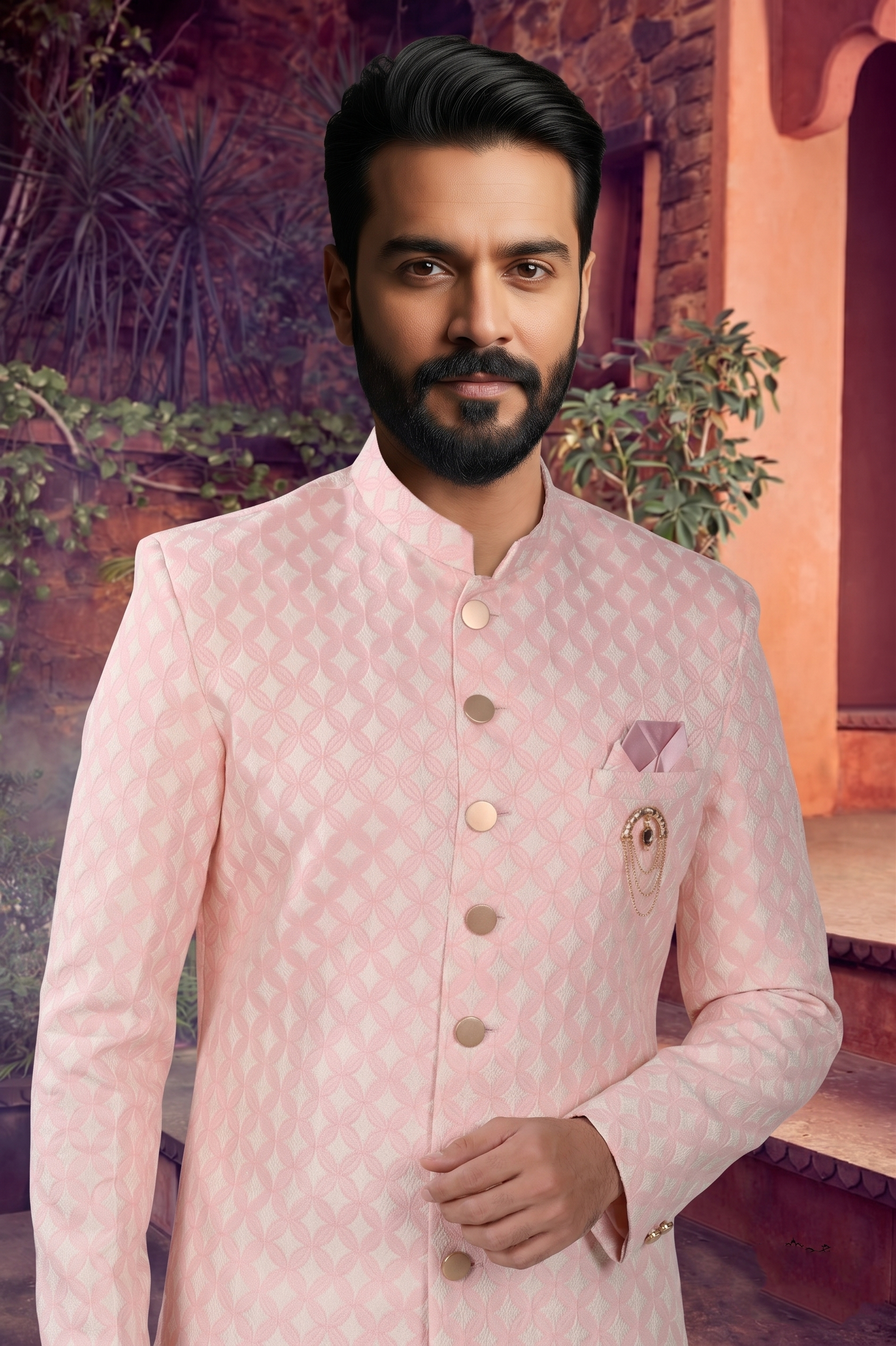 Men's WOVEN JACQUARD PINK  SEMI-INDO-WESTERN