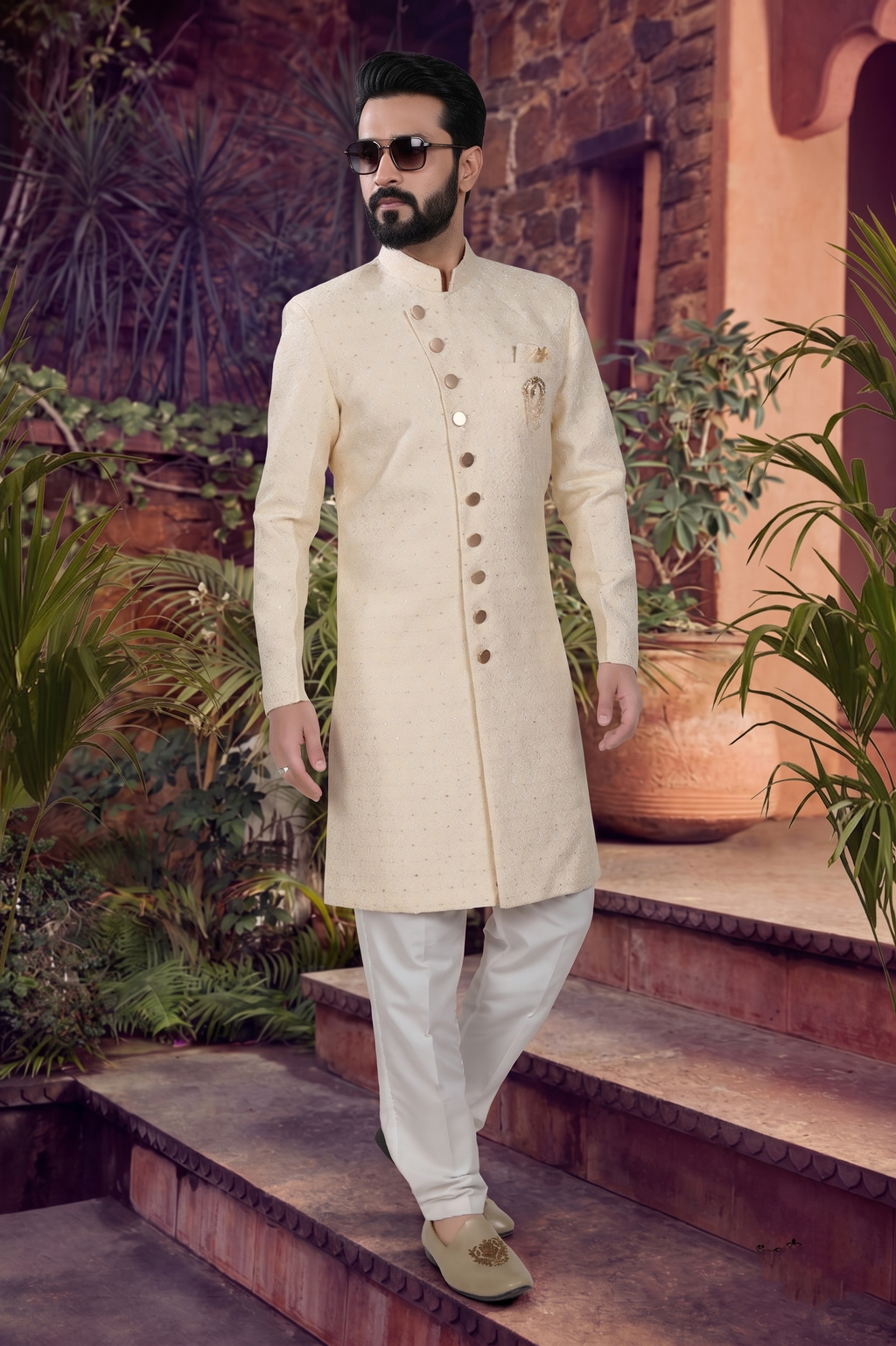 Men's WOVEN JACQUARD YELLOW  SEMI-INDO-WESTERN