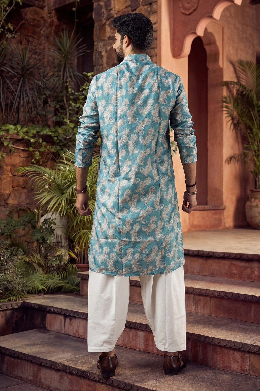 Men's Blended Cotton Cream Designer Printed Kurta with payjama