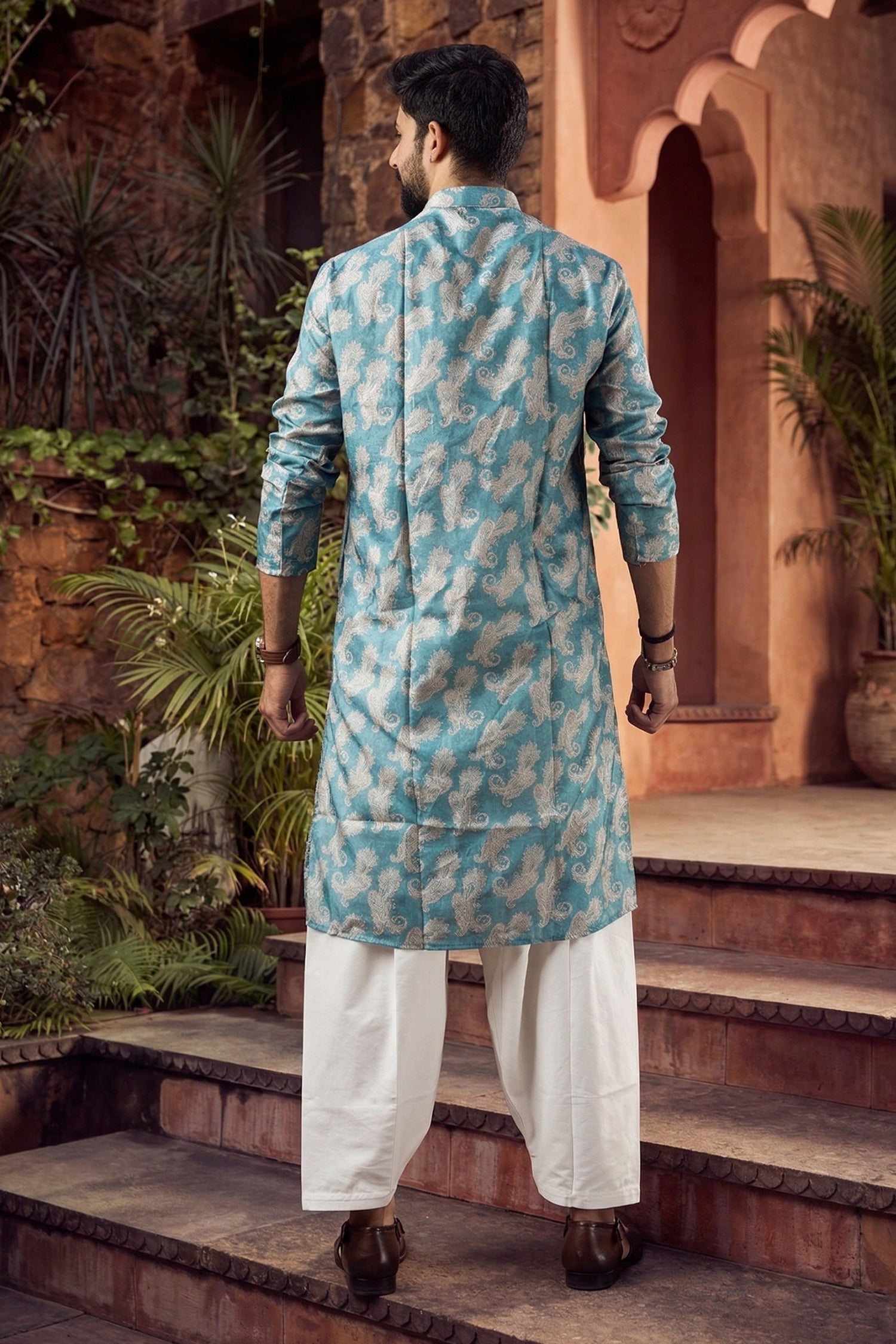 Men's Blended Cotton Cream Designer Printed Kurta with payjama