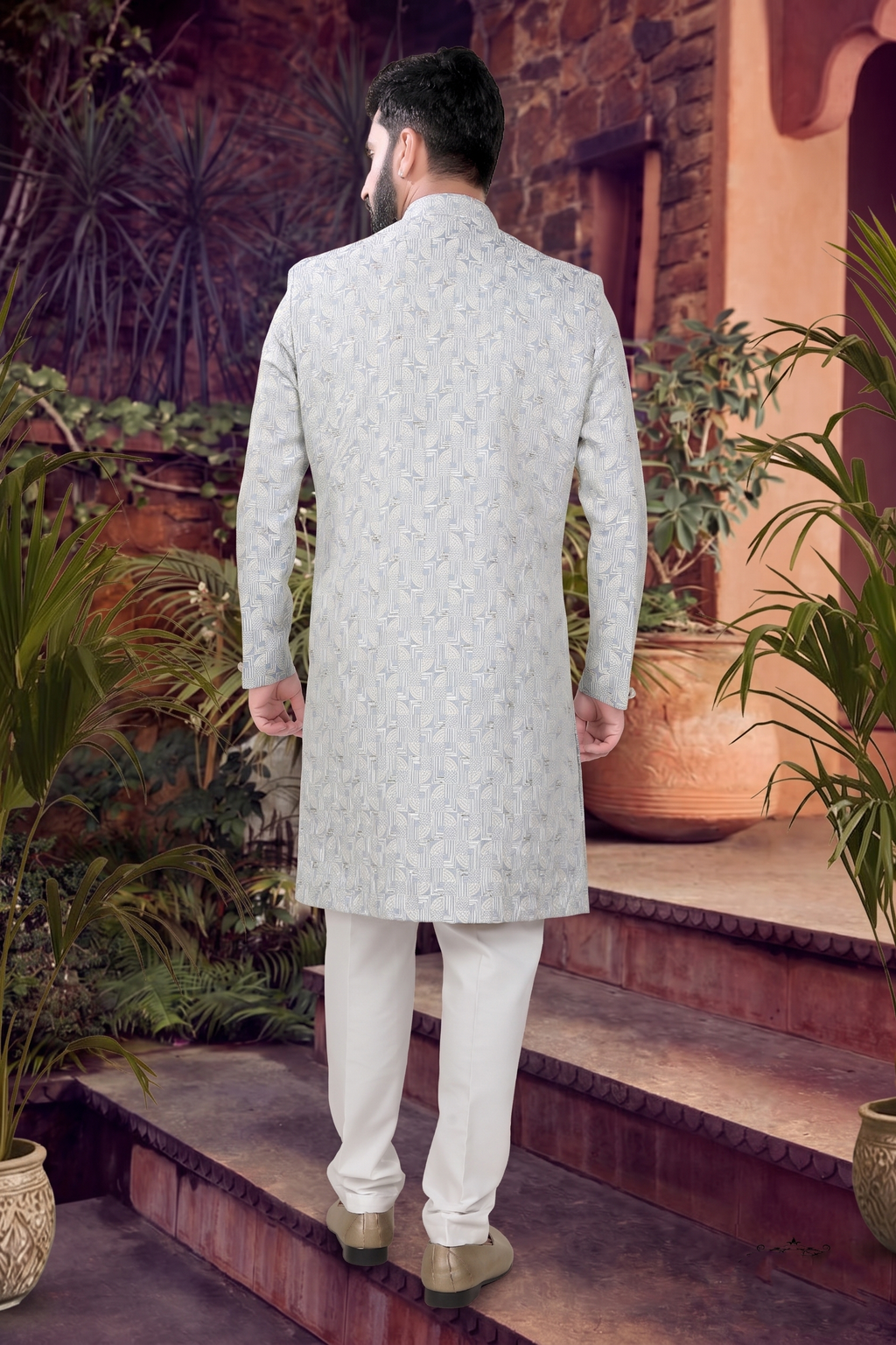 Men's WOVEN JACQUARD BLUE   SEMI-INDO-WESTERN
