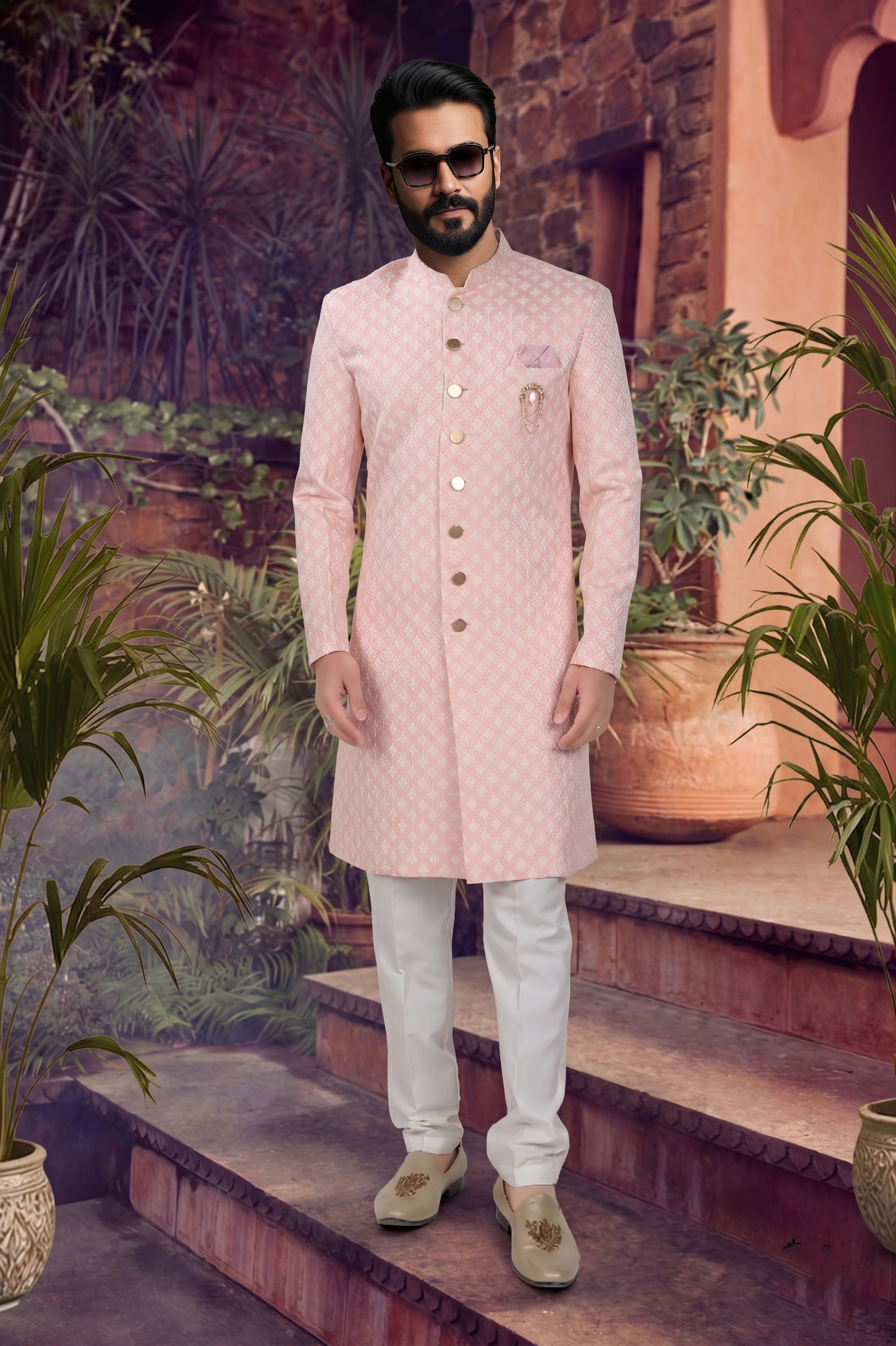 Men's WOVEN JACQUARD PINK  SEMI-INDO-WESTERN