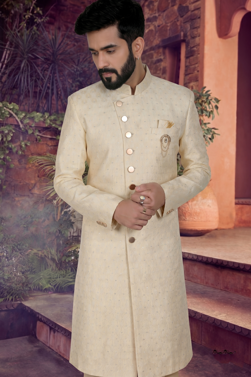 Men's WOVEN JACQUARD YELLOW  SEMI-INDO-WESTERN