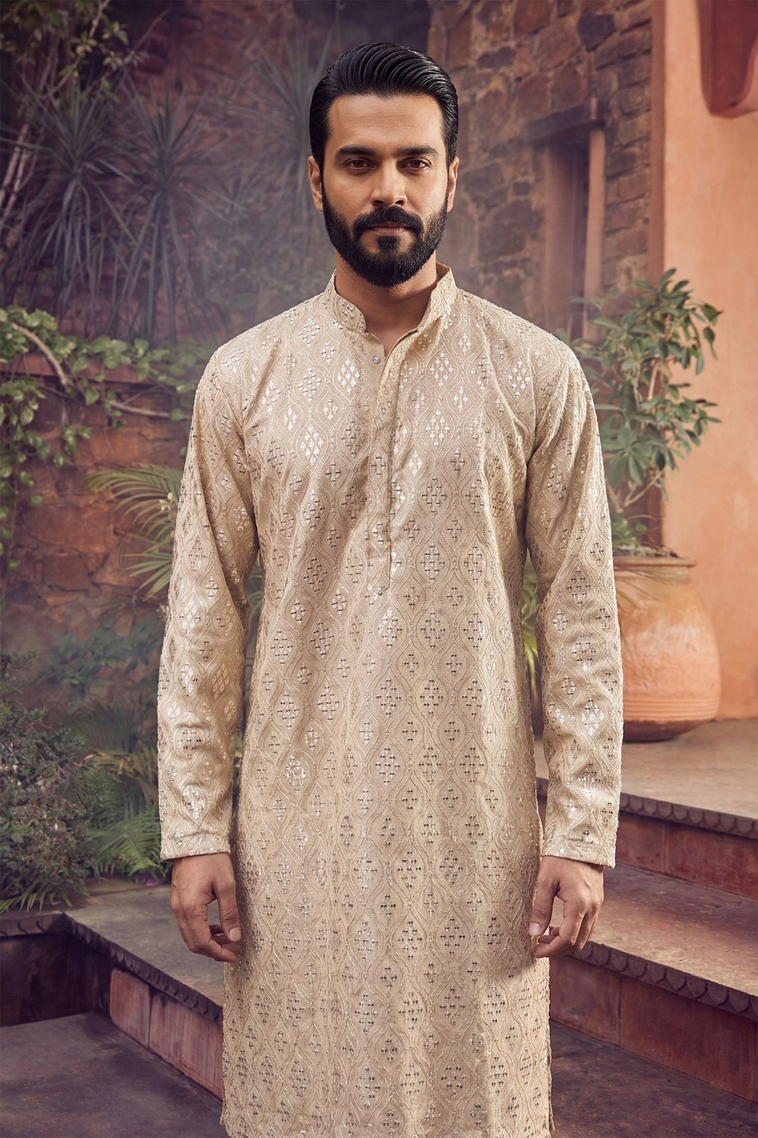 Men's Viscose Cream Designer Embroidery Work Kurta with payjama