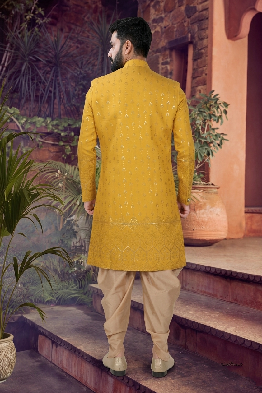 Men's SILK YELLOW  SEMI-INDO-WESTERN