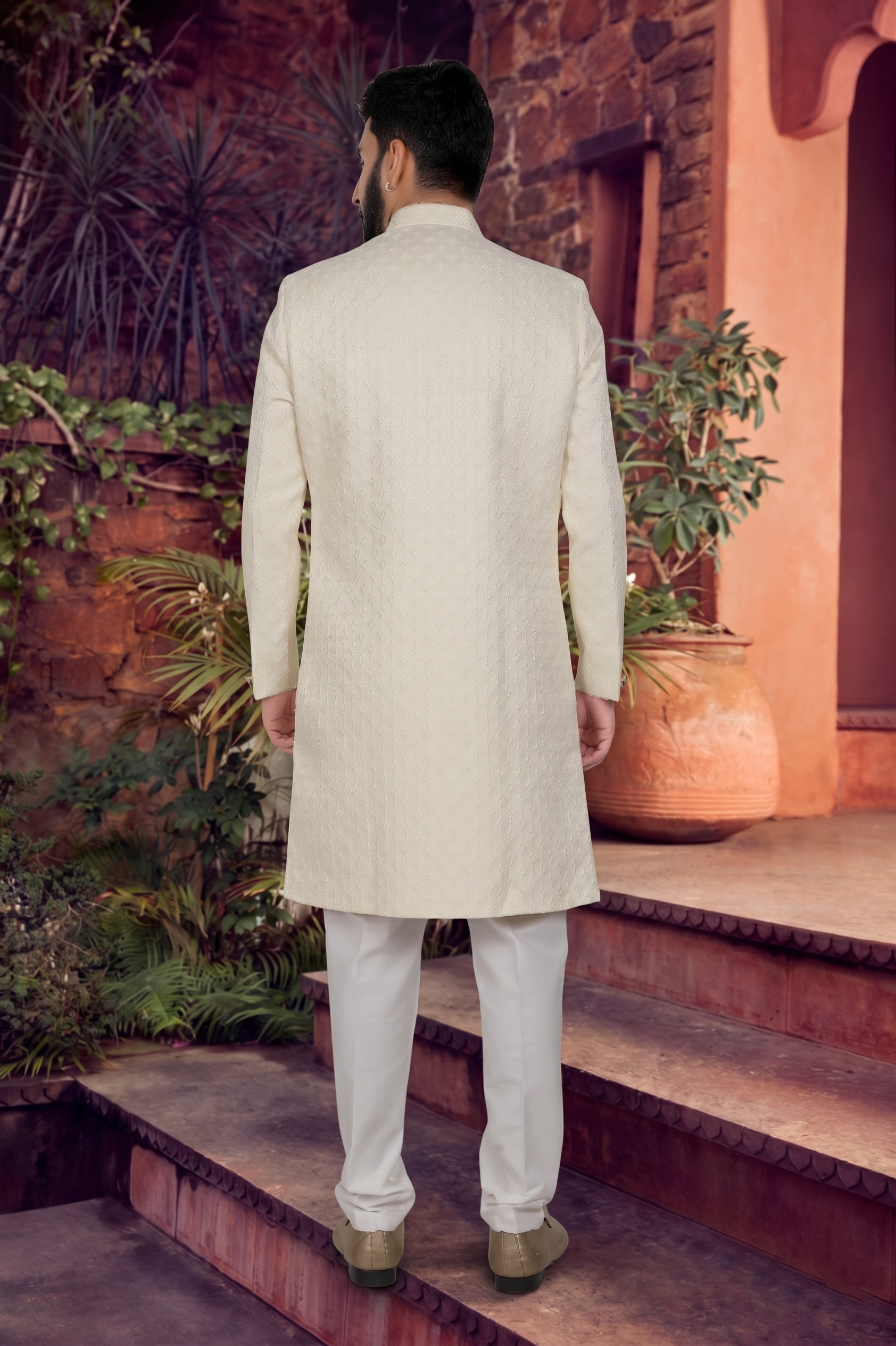 Men's WOVEN JACQUARD CREAM  SEMI-INDO-WESTERN