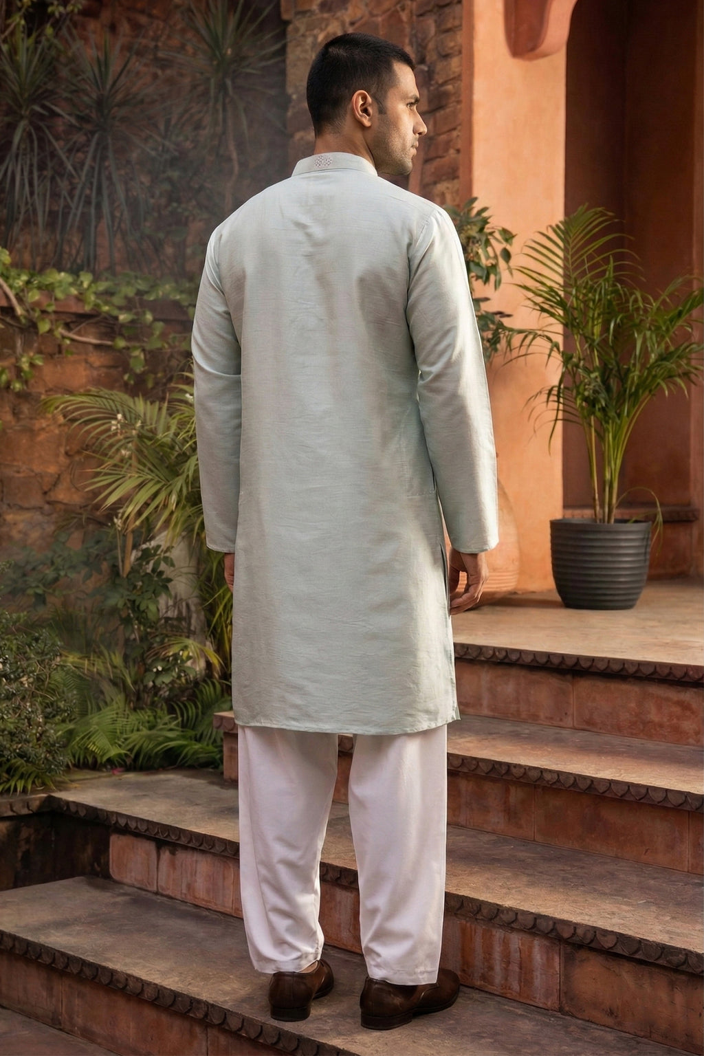 Men's Silk Blend Cream Designer Embroidery Work Kurta with payjama
